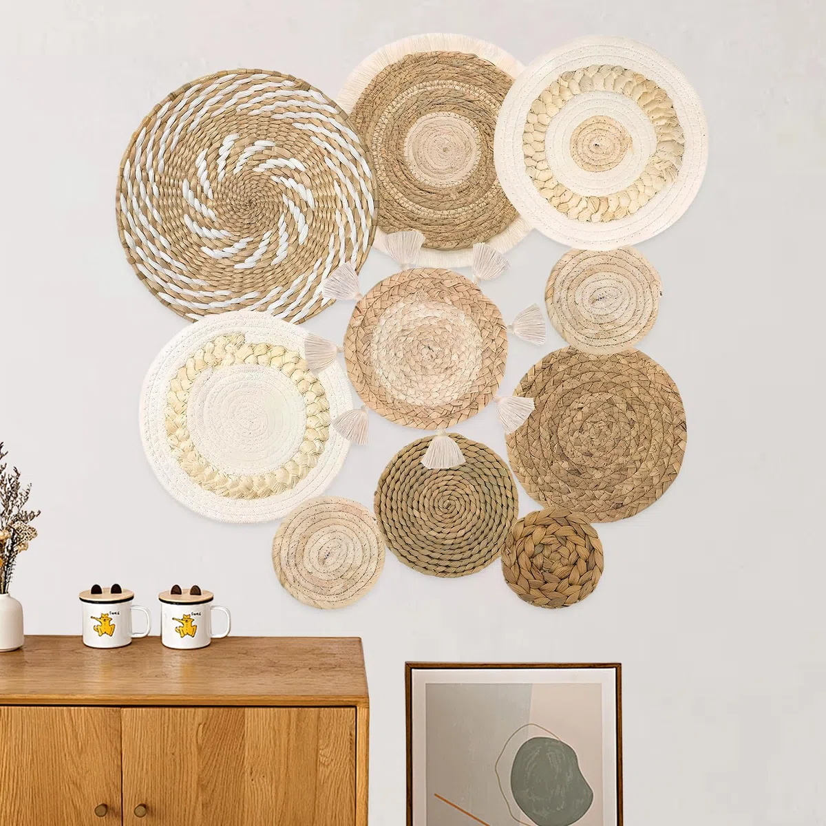 Decorazioni per Paniere da Parete Boho Set di Paniere da Parete Intrecciati Arte Rustica da Pareti Intrecciata a Mano Decorazione per Pareti in Macramè per Decorazione del Salotto (10 PCS)