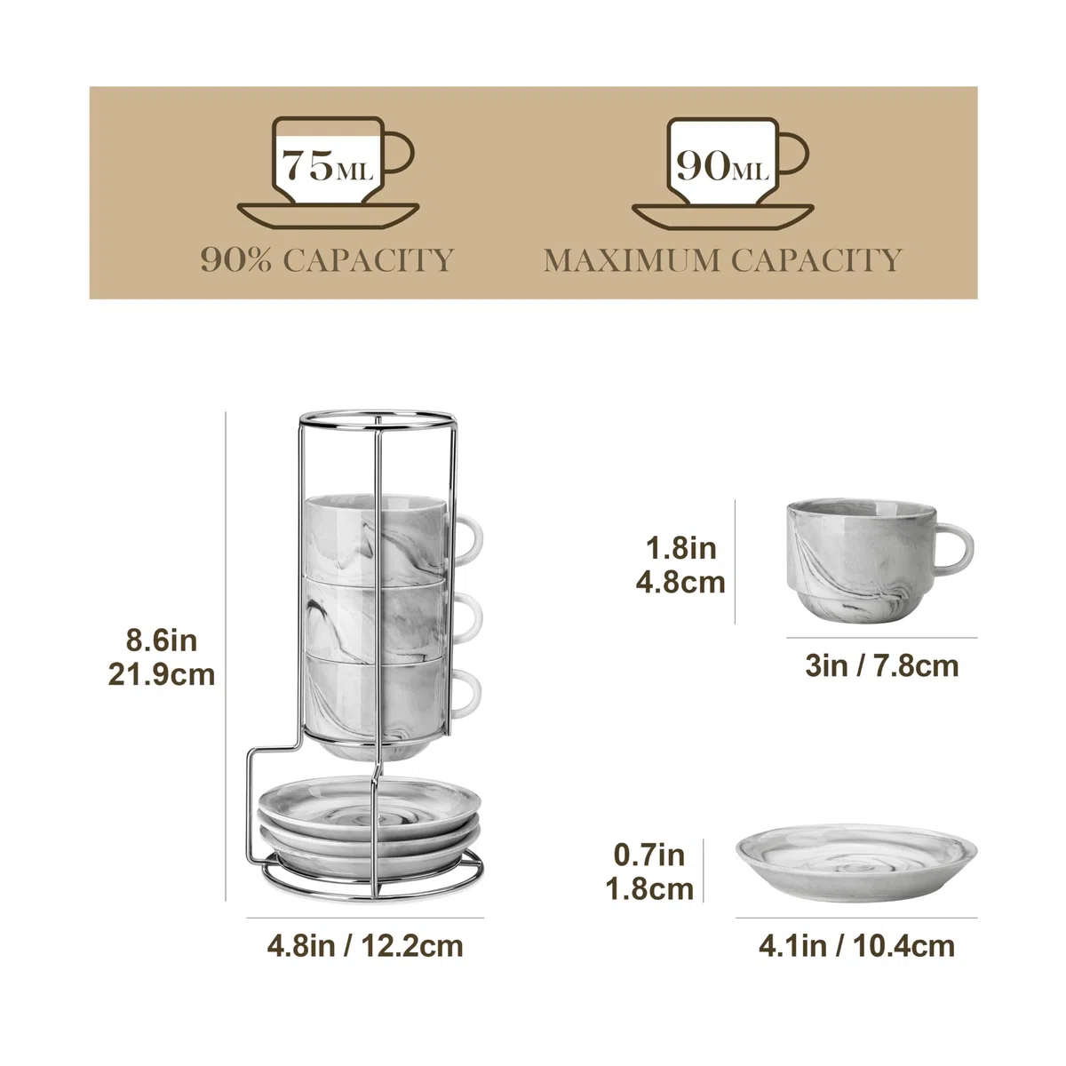 MALACASA Set di 4 tazze da espresso da 75 ml, a parete spessa con piattini e supporto, impilabili, tazze italiane in porcellana grigia, lavabili in lavastoviglie, serie regolare