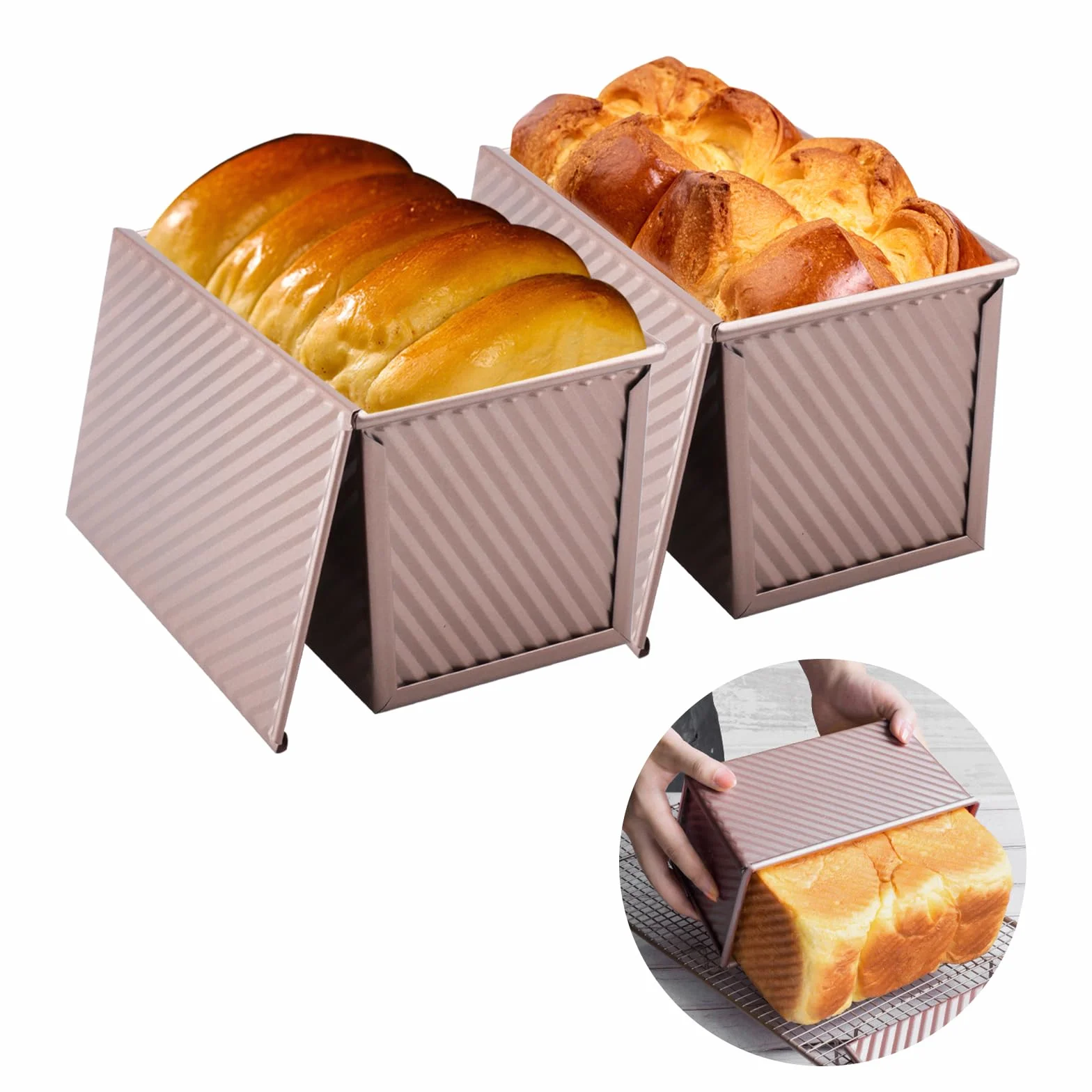 Set di 2 Stampo Pane In Cassetta Antiaderente Stampo Per Pane In Cassetta con Coperchio Stampo Plumcake Acciaio Al Carbonio Ondulato 450g (1lb) di Impasto Per Cuocere Torte e Pane Tostato