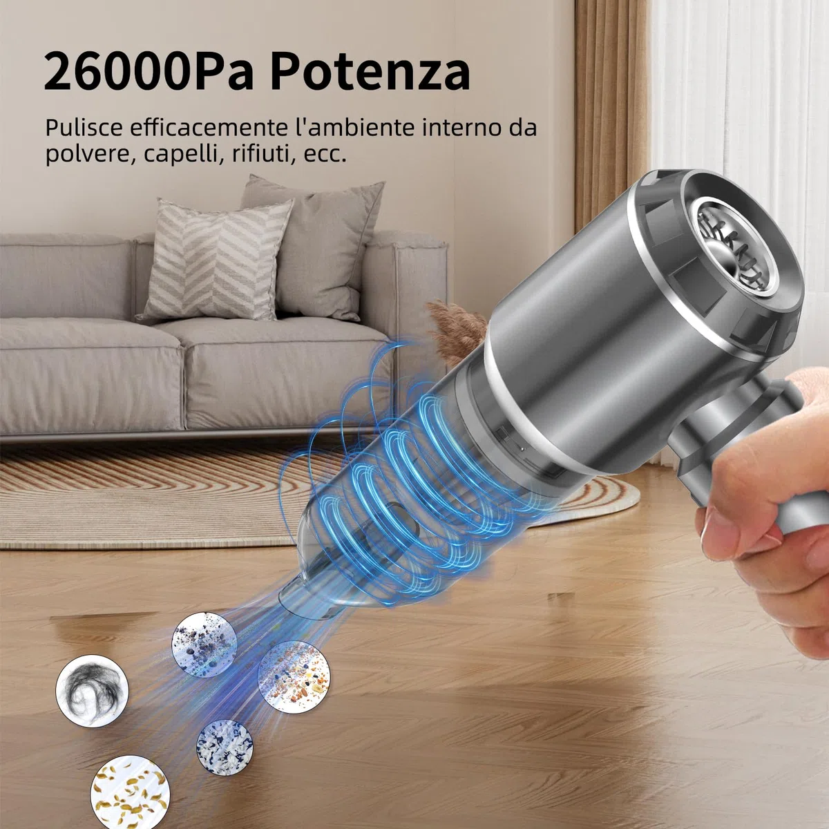 Aspirabriciole Senza Fili, 26000Pa Aspirapolvere Auto Portatile, Aspiratore e Soffiatore con Motore Brushless, Mini Aspirapolvere Potente per Auto Casa Ufficio Peli di Domestici