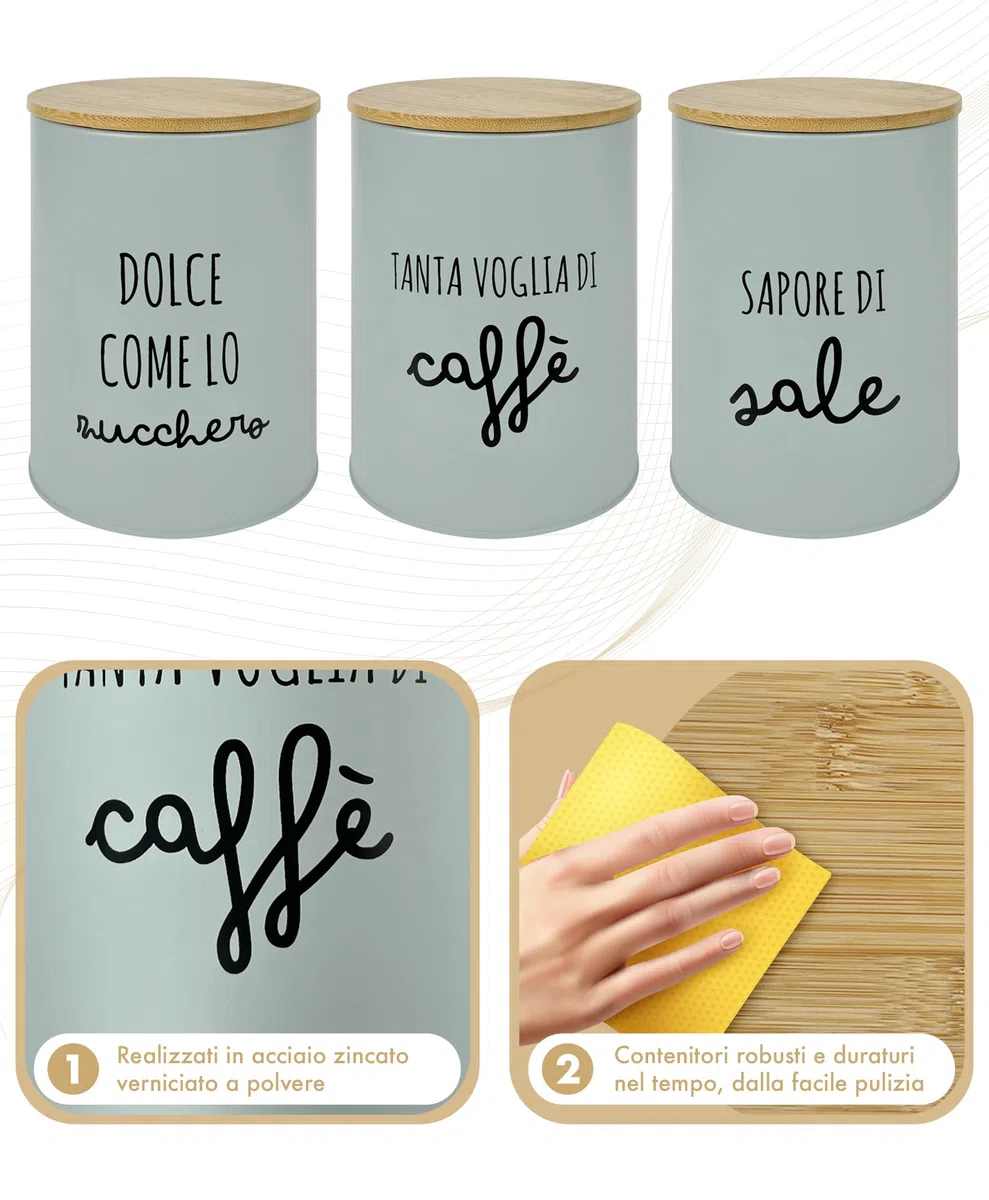 IlGruppone Set 3 Pezzi Barattoli Cucina Contenitori Certificati Contatto Alimentare Contenitore Sale Zucchero Caffè Moderne Scritte Barattolo Con Coperchio Ermetico Legno Bambù - Salvia