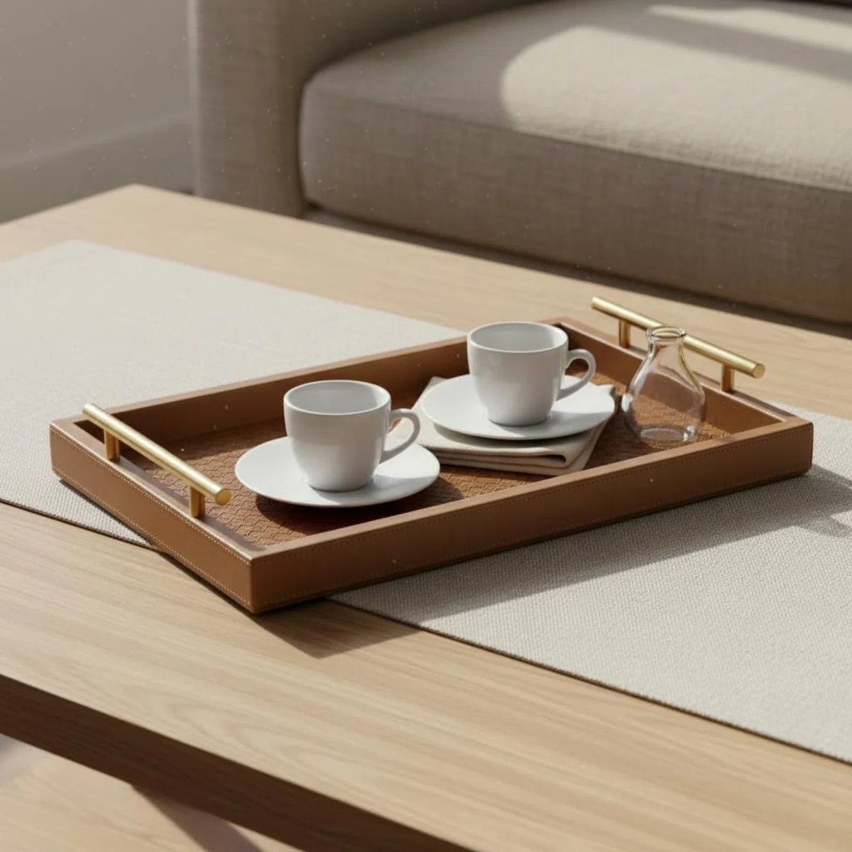 Vassoio in Pelle Elegante Organizer Rettangolare in Pelle Decorativo Organizzazione Domestica per Soggiorno, Marrone Cammello Chiaro