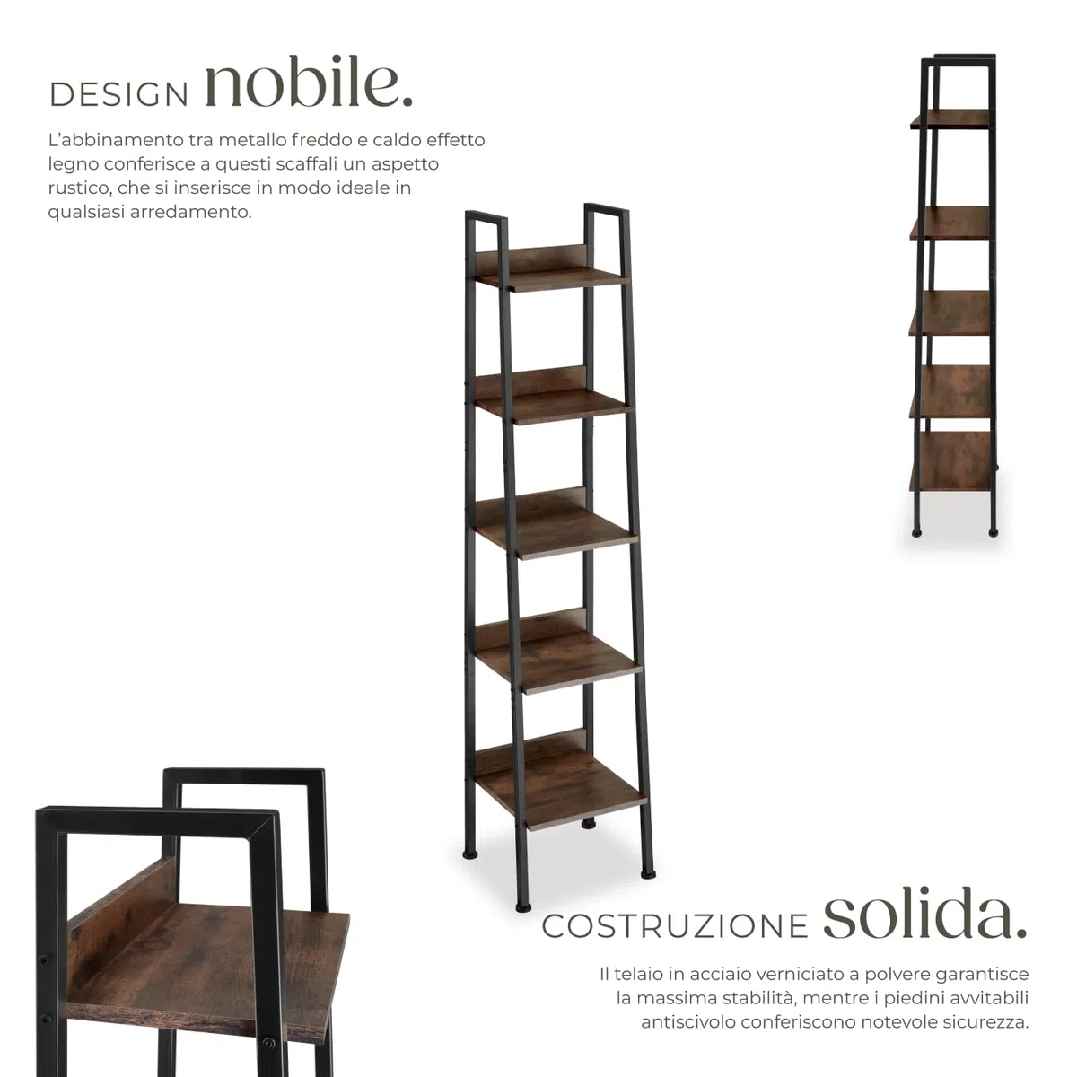 tectake® Scaffale a Scala, Libreria Verticale con 4 Ripiani, Struttura in Acciaio porta libri, Libreria Verticale, Facile Montaggio - 35,5 x 31,5 x 170 cm - Legno industriale scuro