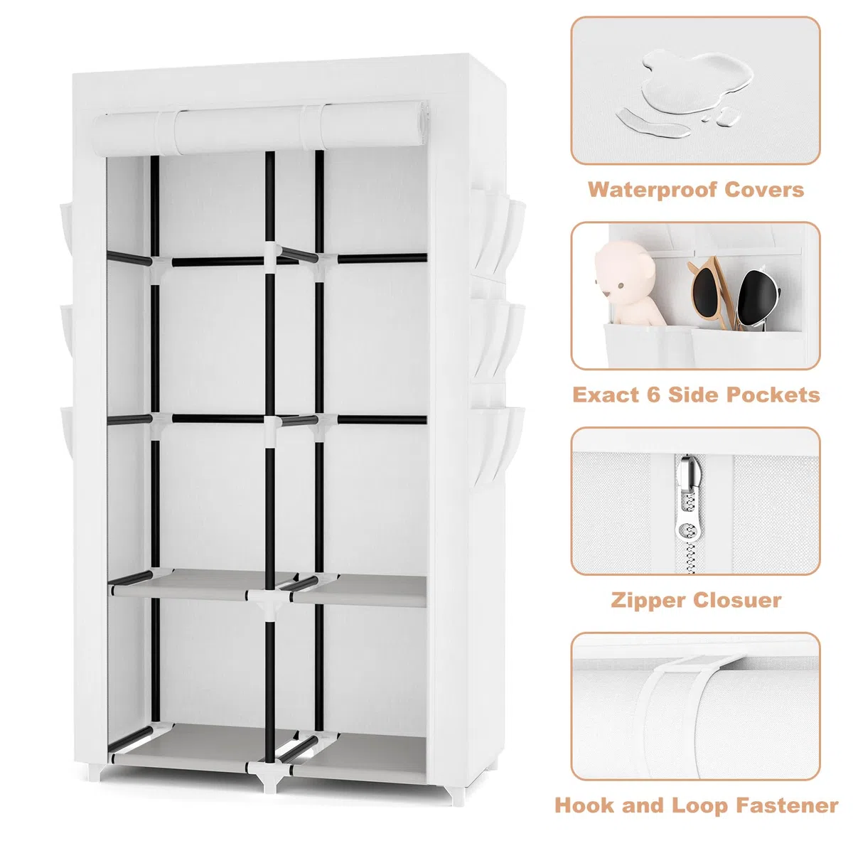 Vicye Armadio a Risparmio di Spazio, Armadio in Tessuto con 2 Barre Appendiabiti, 4 Ripiani e 6 Tasche Laterali, Armadio per Camera da Letto, Dormitorio o Spogliatoio, Bianco(90 x 45.5 x 172 cm)