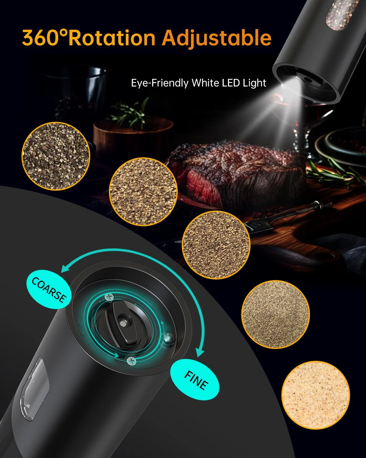 CIRCLE JOY Set Macina Sale e Pepe Elettrico Ricaricabile con Base di Ricarica, Capacità 110 ml, Grana Regolabile e Luce LED Bianca, Nero
