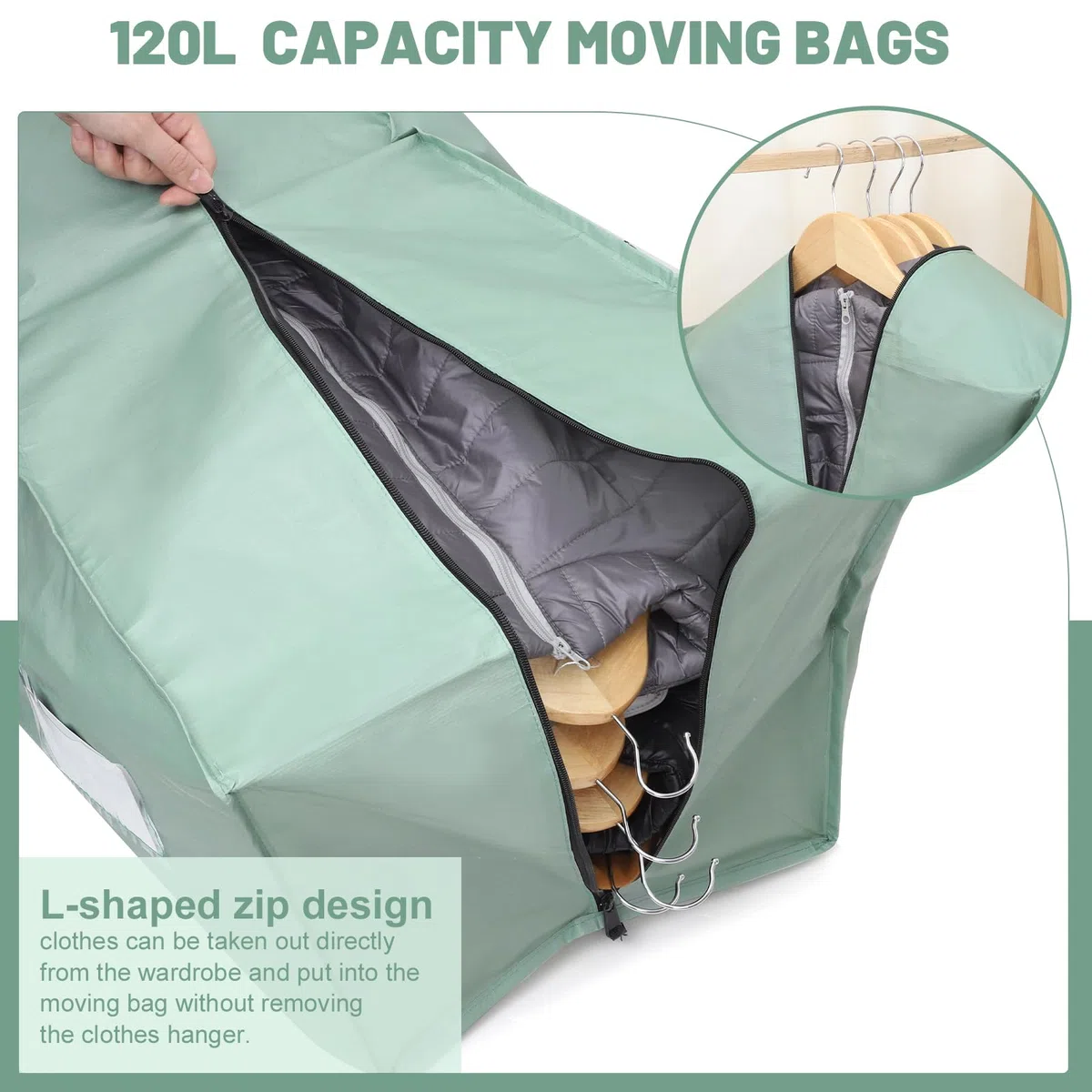 Dntorx 6 sacchetti da 120 l, resistenti per trasloco, impermeabili, grandi con manico con chiusura lampo, pieghevole, per trasloco, campeggio, vestiti, colore verde chiaro