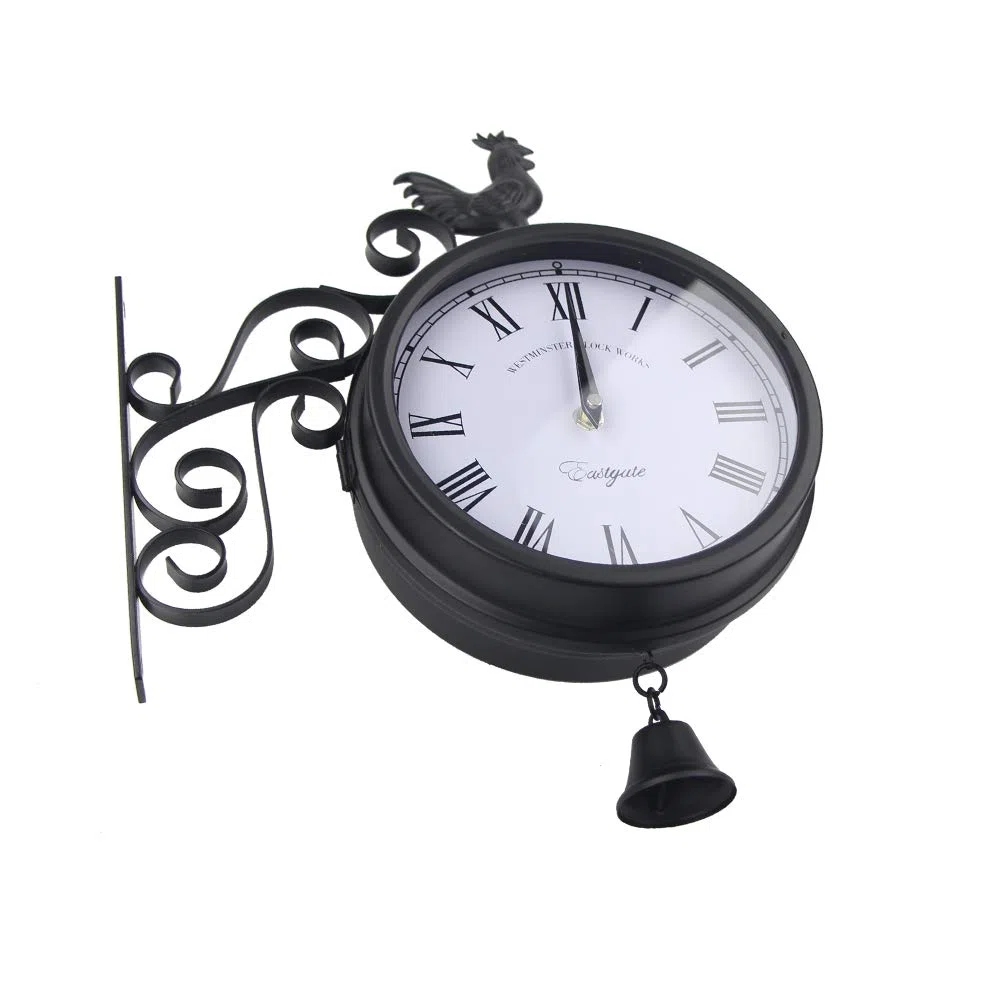Timelike, orologio rotondo da parete in ferro battuto effetto antico, da appendere alla parete, con doppio lato, da appendere alla parete con scorrimento laterale, decorazione da parete (nero)
