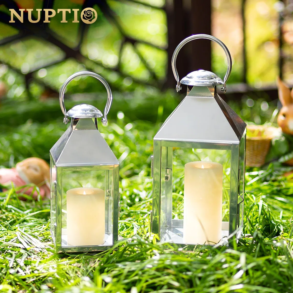 NUPTIO Lanterna Cimitero 28cm: Candela Esterna in Metallo Argento, Urna Tomba Resistente Alle Intemperie, Luce Grande per Giardino Interno ed Esterno