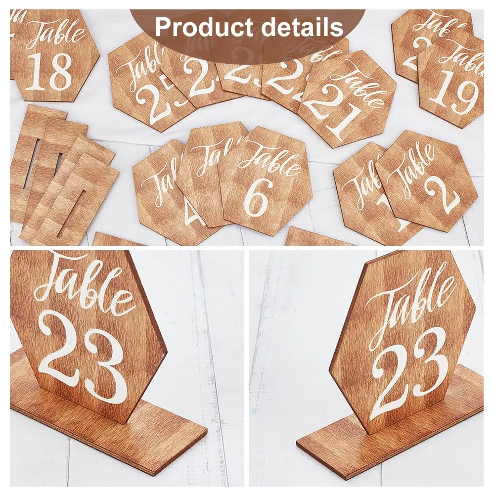 PH PandaHall 25Set Numeri Da Tavolo con Base in Legno Numeri Da Tavolo per Ricevimento di Nozze Esagonali Centrotavola per Matrimonio Autoportanti per Banchetti Ristorante Decorazioni Estivi 8.4x8.4cm