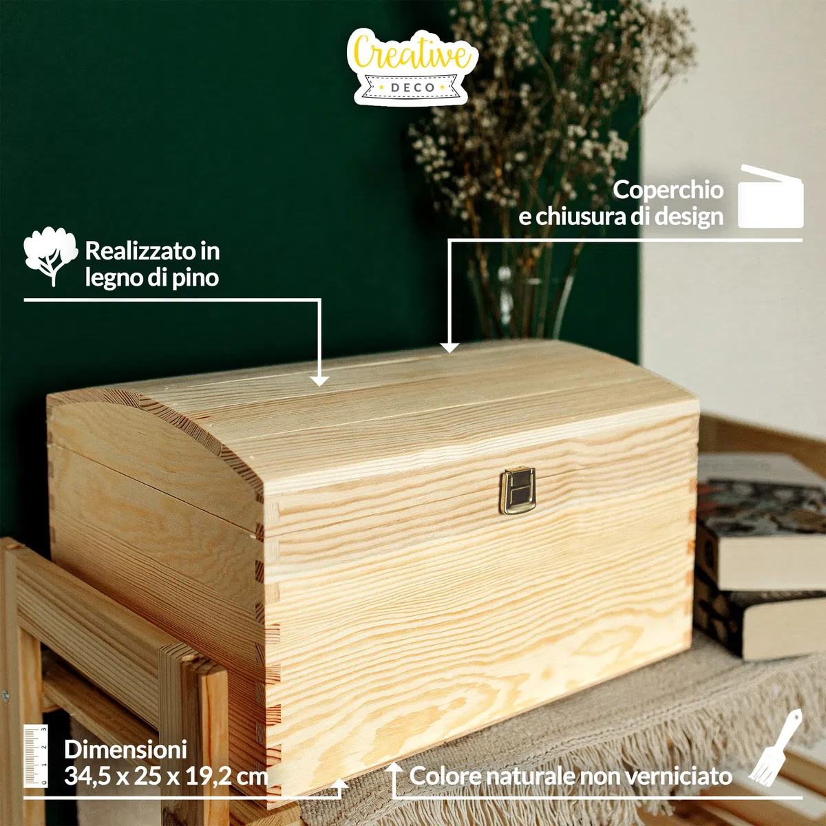Creative Deco Scatola in Legno | 34.5 x 25 x 19.2 cm | con Coperchio Arrotondato e Serratura | Grande Cassetta Portaoggetti Portagiochi Cofanetto | Ideale per Decoupage Documenti Giocattoli Attrezzi