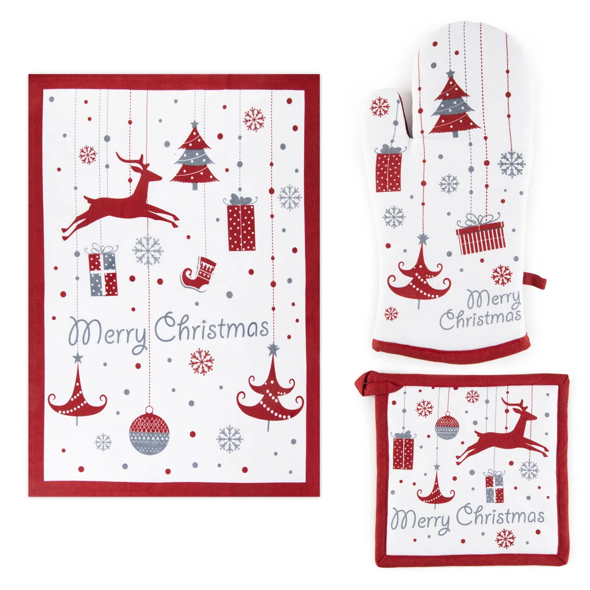 Excelsa Merry Christmas Set Tessile Cucina, Guanto Forno, Presina e Canovaccio, Cotone, Imbottitura Poliestere