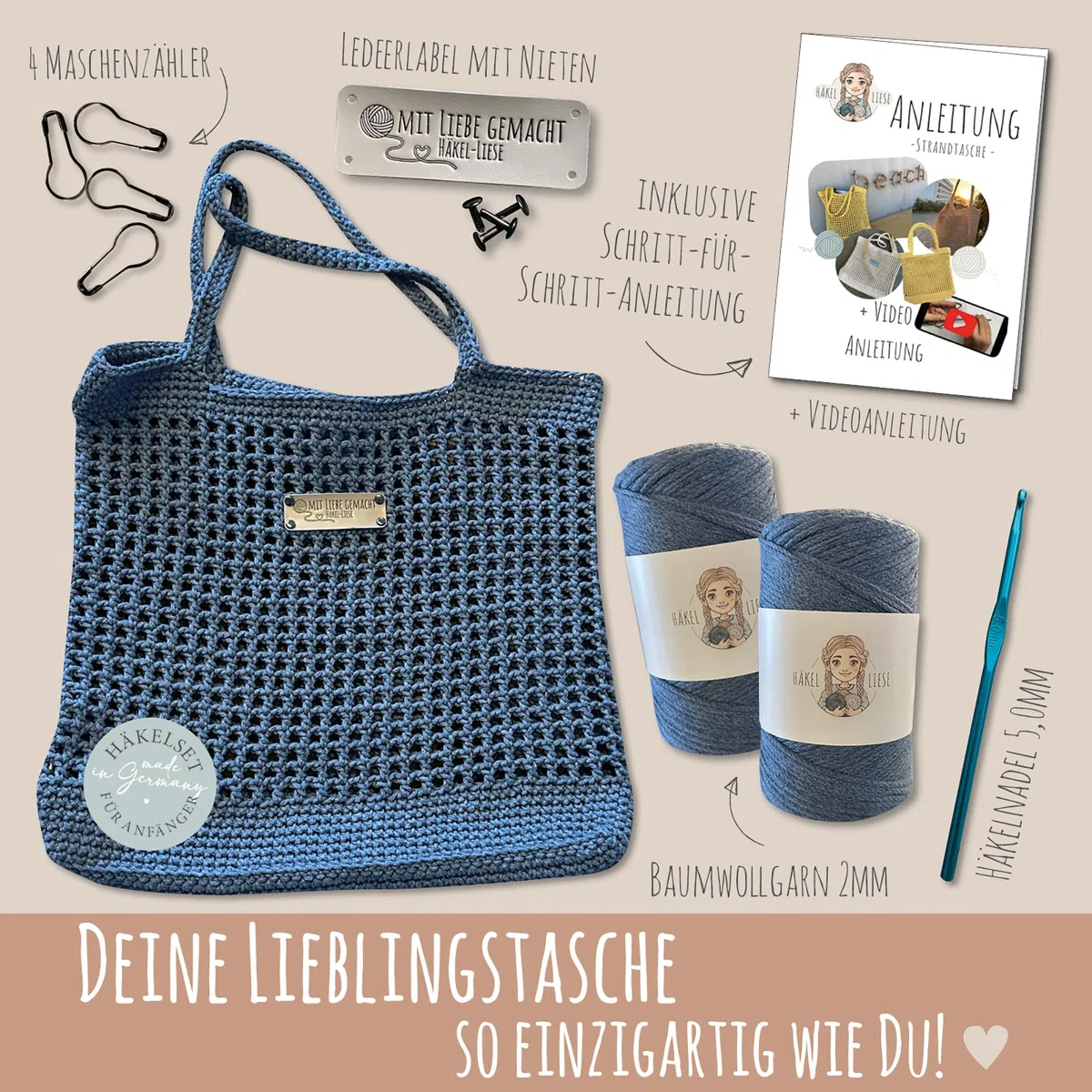 HÄKEL LIESE Set all'uncinetto per principianti, borsa da spiaggia da donna, set per principianti, adulti, uncinetto, borsa all'uncinetto, set fai da te per adulti, borsa all'uncinetto (blu)