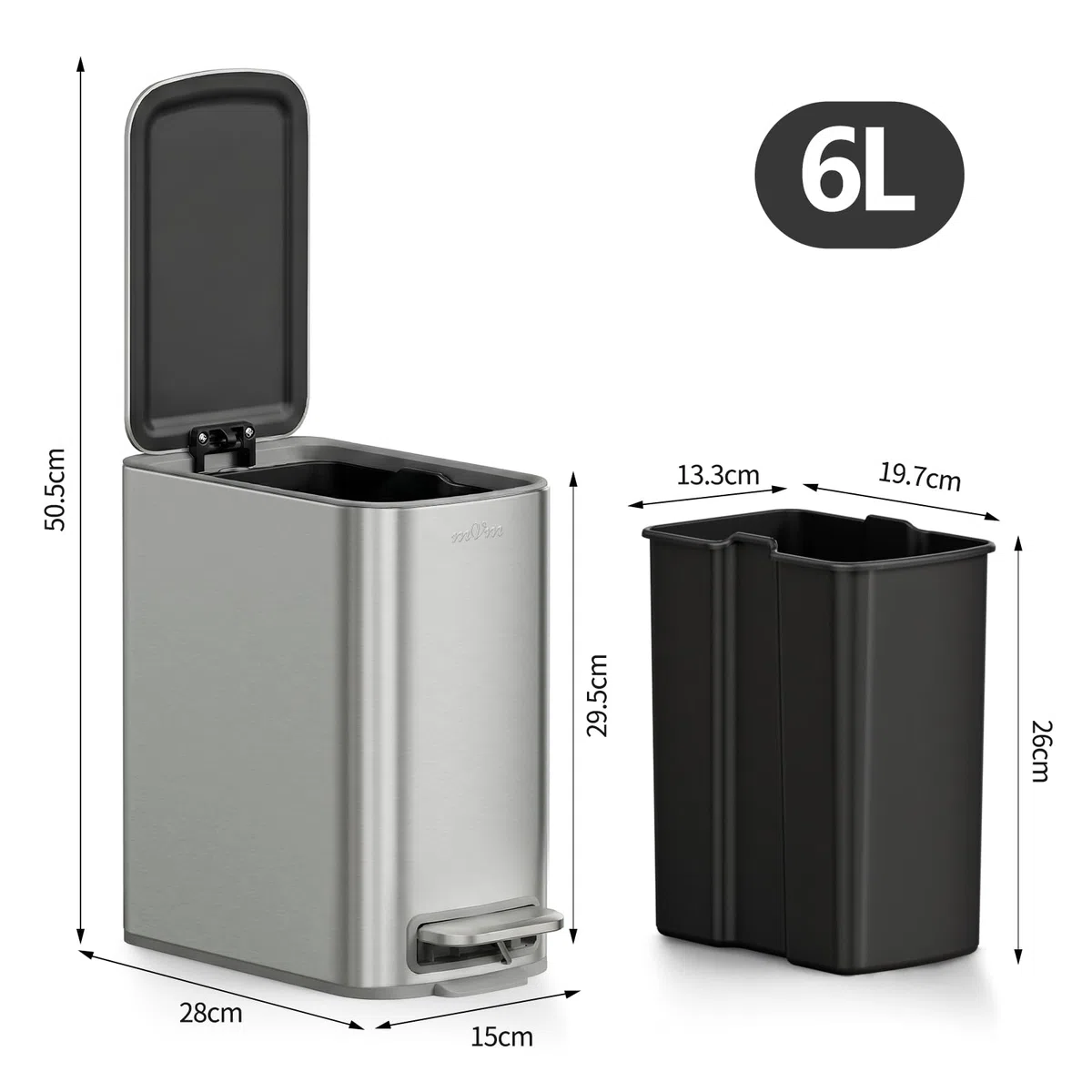mVm Pattumiera Bagno Design 6L con Pedale, Secchio Interno Rimovibile, Chiusura Soft Close, Pattumiera Slim in Acciaio Inox per Bagno Moderno
