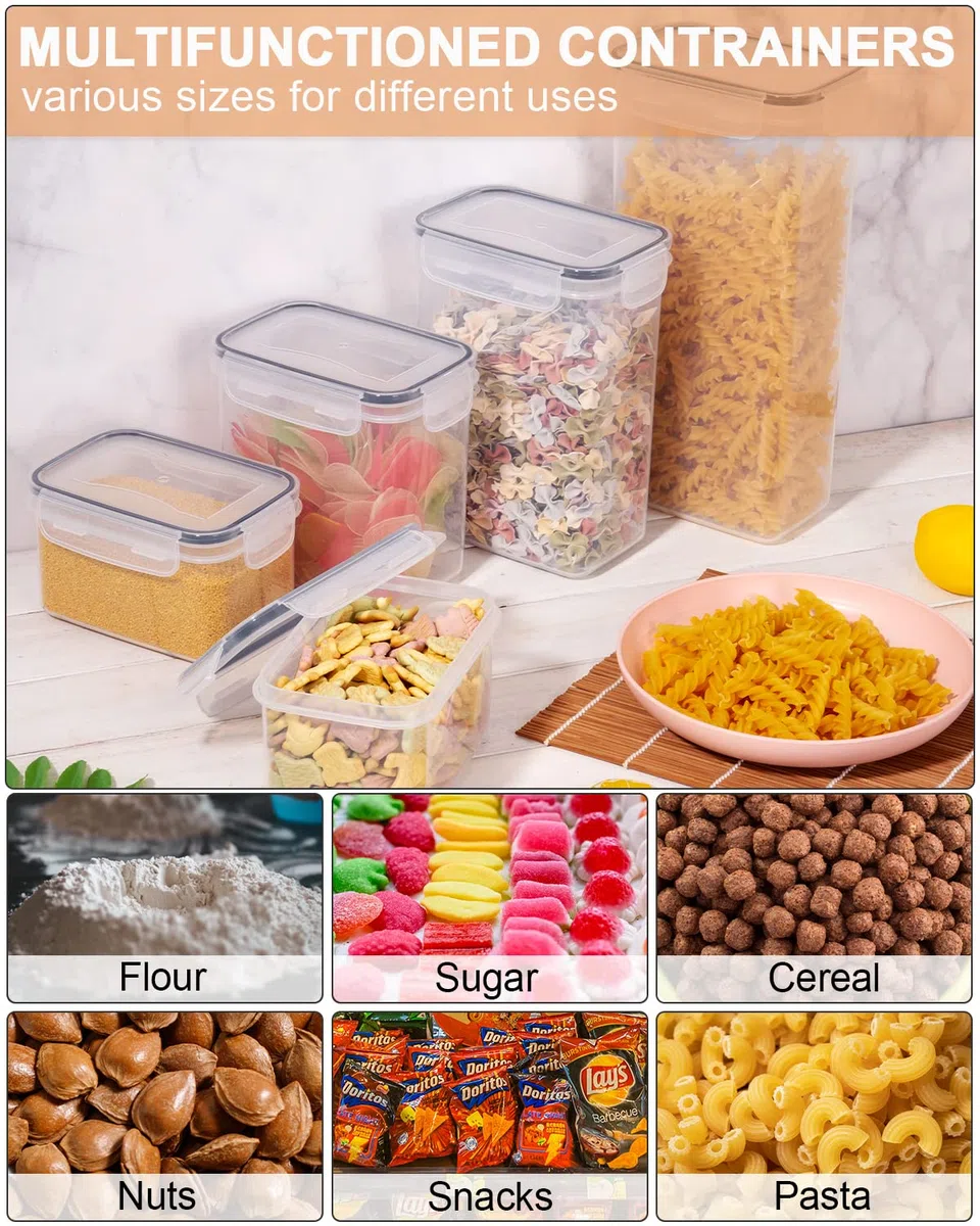 Set di 10 Contenitori Alimentari Ermetici Contenitori per Cereali Ermetici Senza BPA Plastica Cereali con Coperchio Etichette Cucchiai per la Conservazione di Pasta Cereali Farina