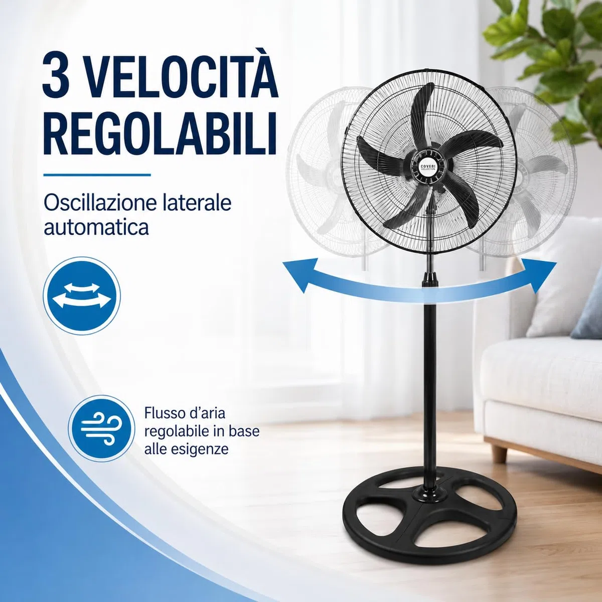 WENZO Ventilatore a Piantana 65W con 5 Pale in Alluminio, 3 Velocità, Oscillazione Laterale Automatica, Altezza Regolabile fino a 125 cm, Ventilatore da Terra Potente per Casa, Ufficio e Negozio