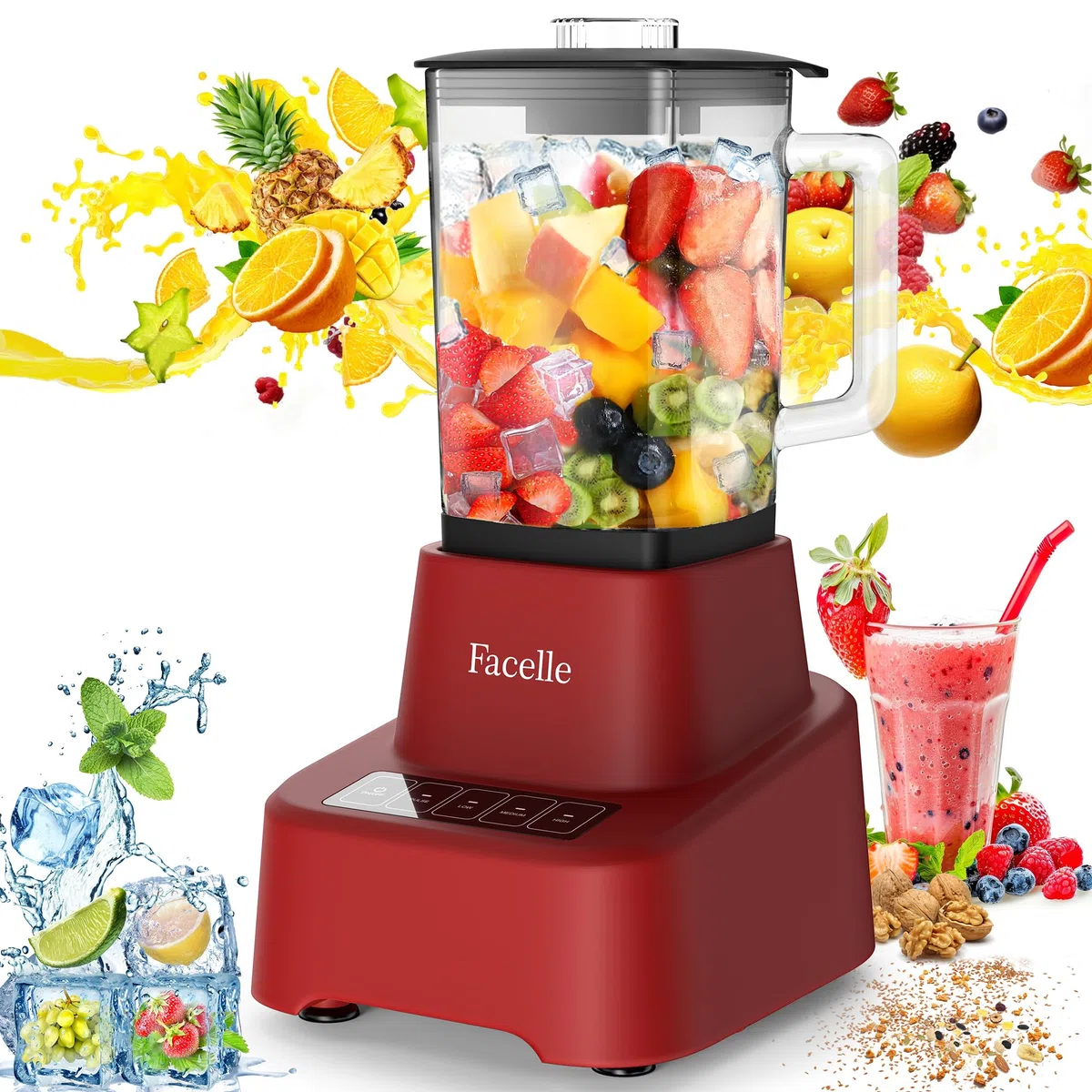 Facelle Frullatore Elettrico per Cucina, Frullatore in Vetro da 1,6L per Frullati e Frappè, con touchscreen 3+P Velocità, Spazzola per la Pulizia e Lama in Acciaio Inox Removibile - Rosso