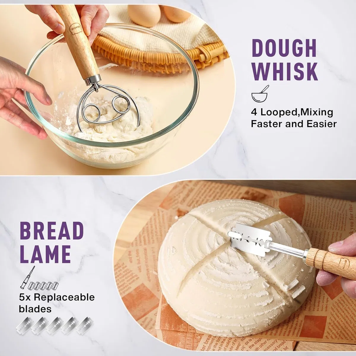 Kit di Forniture per la Cottura del Pane con Pasta Madre: Frusta per Impasto, Lama per Pane, Cestini per la Lievitazione Rotondi da 10 Pollici E 9 Ovali, Raschietti Impasto, Pennello Forno
