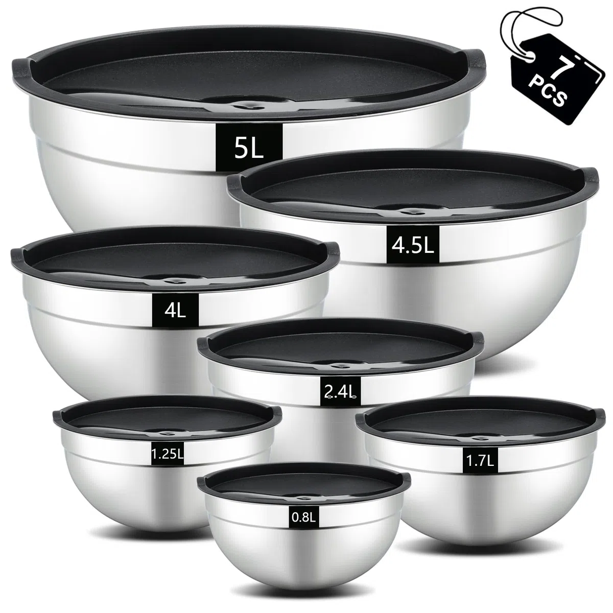 hunnycook set di insalatiera per la miscelazione da 7 pezzi, ciotola acciaio inox cucina con coperchio 5L, 4.5L, 4L, 2.4L, 1.7L, 1.25L, 0.8L, set ciotole cucina impilabili, lavabili in lavastoviglie