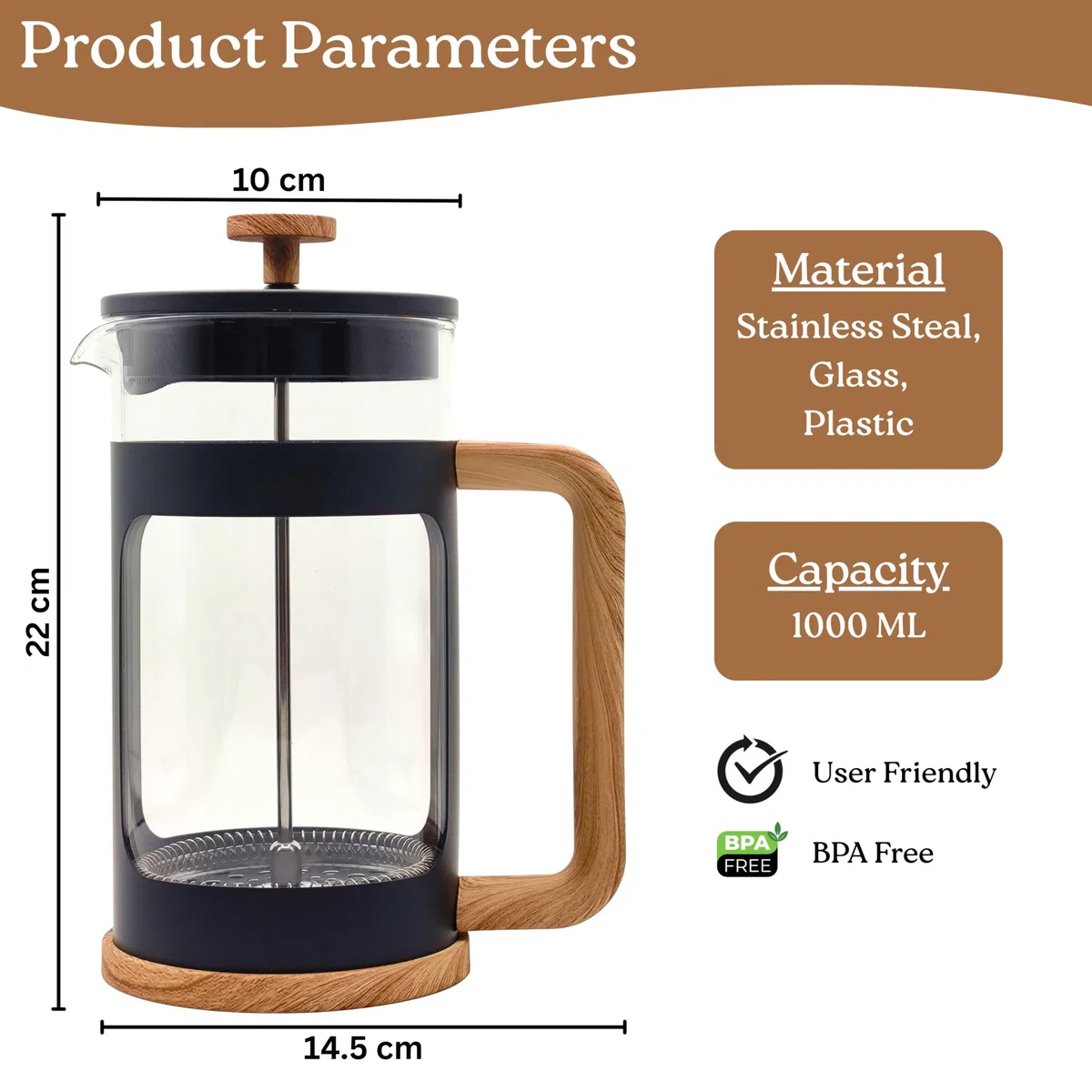 French Press da 1 Litro, Caffettiera a Stantuffo in Vetro Resistente al Calore, Filtro in Acciaio Inox, Manico con Finitura Effetto Legno, per 4 Tazze