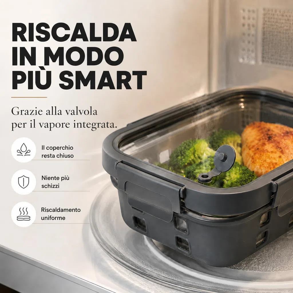 Meal Prep Contenitori Set 1x640ml, 1x 1050ml, 1x1520ml – Vetro borosilicato, ermetici, impilabili, microonde con valvola vapore, protezione silicone, contenitori vetro per alimenti
