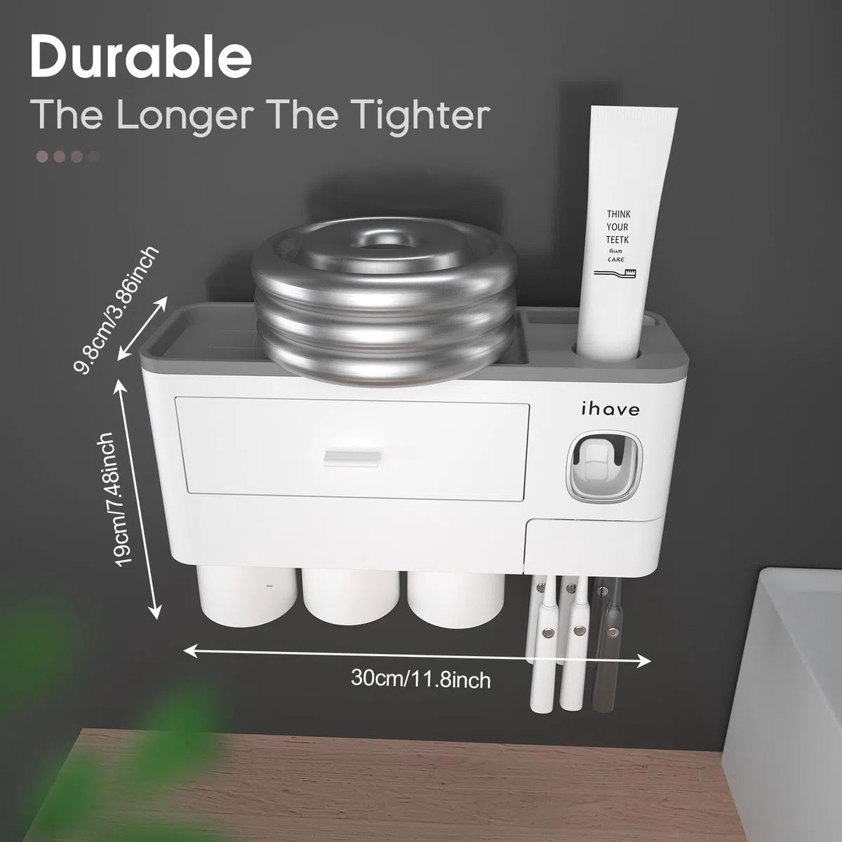 iHave Porta Spazzolino Elettrico da Muro con Dispenser Dentifricio e 3 Bicchieri – Design Bianco Classico per l'Arredo del Bagno, Organizer Bagno Tutto-in-Uno per Spazzolini e Accessori