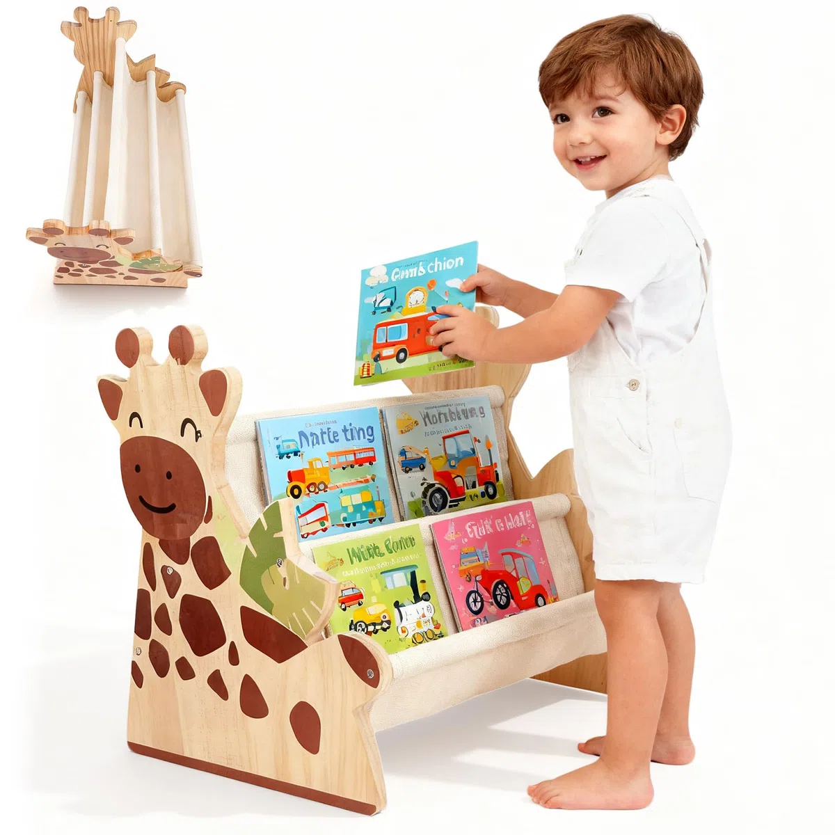 Libreria per Bambini in Legno, Scaffale Porta Libri Doppia Faccia con Tasche in Tela, Stile Montessori Portatile con Maniglia, Organizzatore Giochi in Legno per Cameretta
