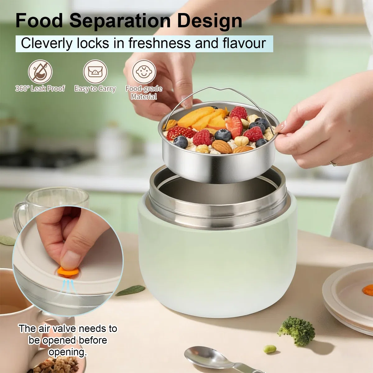 VINATO Porta Pranzo Termico 1.2L Lunch Box Termico Bento Box in Acciaio Inossidabile Antigoccia, BPA-Free con Cucchiaio - per Ufficio, Scuola, Escursioni