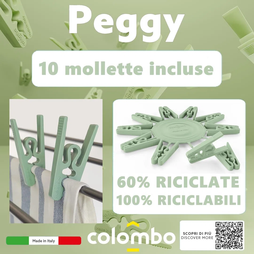 Colombo Stendibiancheria Verticale Tower 40 | Stendino Verticale Pieghevole Salvaspazio in Acciaio Antiruggine con Ruote Antigraffio, Portagrucce | 10 Mollette Incluse | Stenditura 40m | Made in Italy