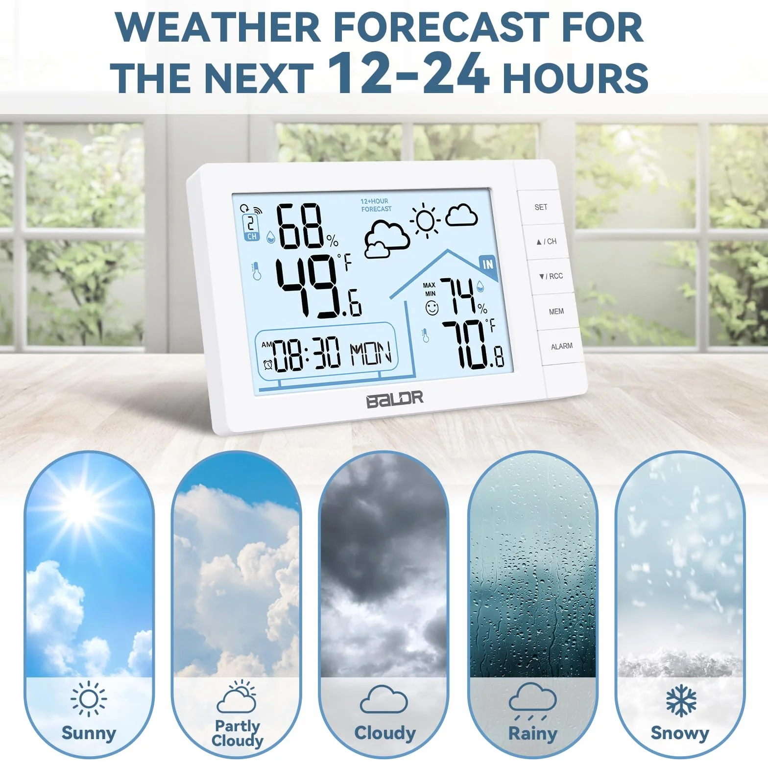 Stazione Meteorologica con Sensore Esterno di Temperatura e Umidità, Previsioni del Tempo, Orologio Radiocontrollato con Sveglia, Data