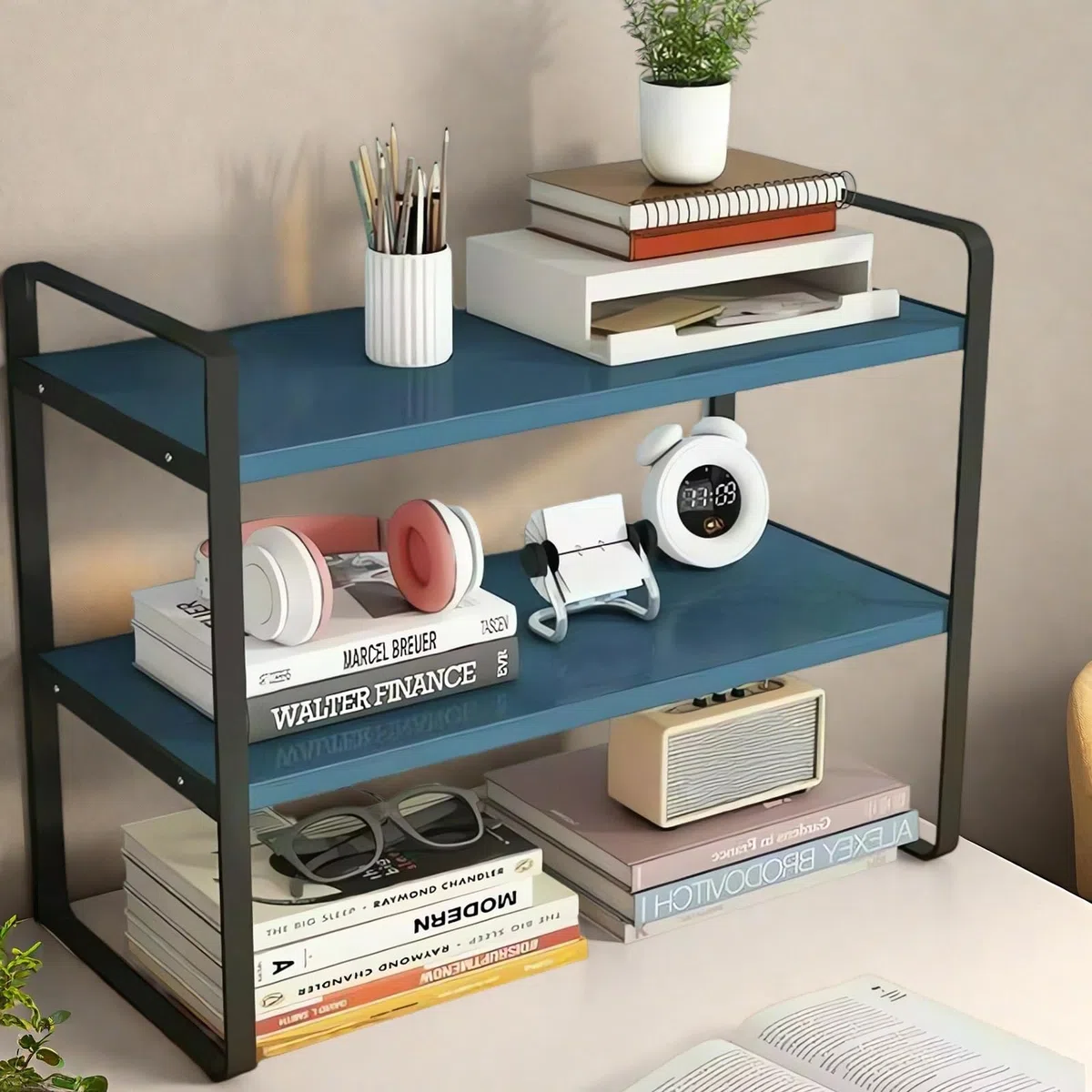 AUSHOPLAH Scaffale da scrivania in legno E01 (nero + blu)