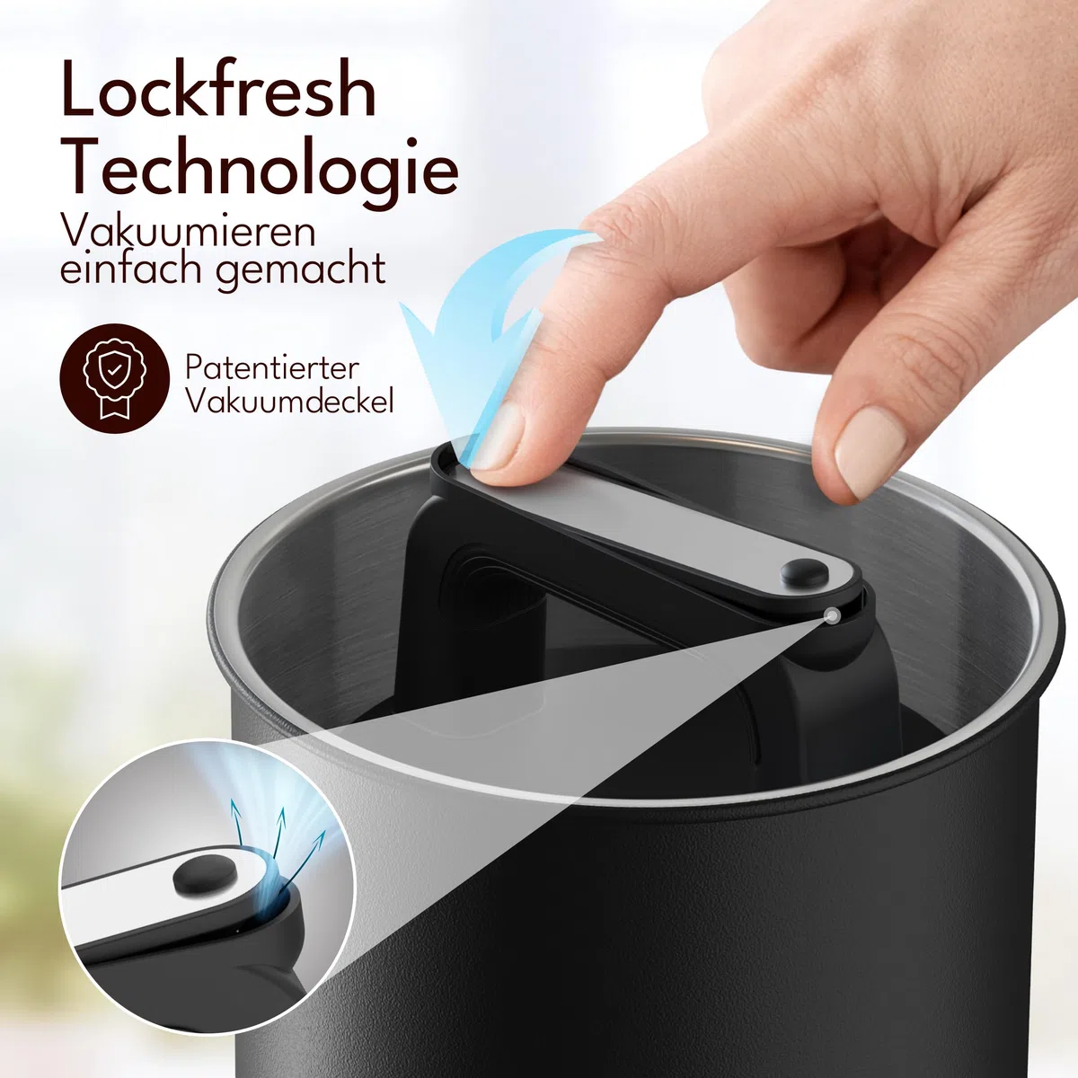 KC Kitchen & Co. Barattolo ermetico per chicchi di caffè da 1 kg, con coperchio sottovuoto (supporto per caffè, tè, barattolo in acciaio inox, chiusura aroma, barattolo di latta, nero opaco, 2800 ml