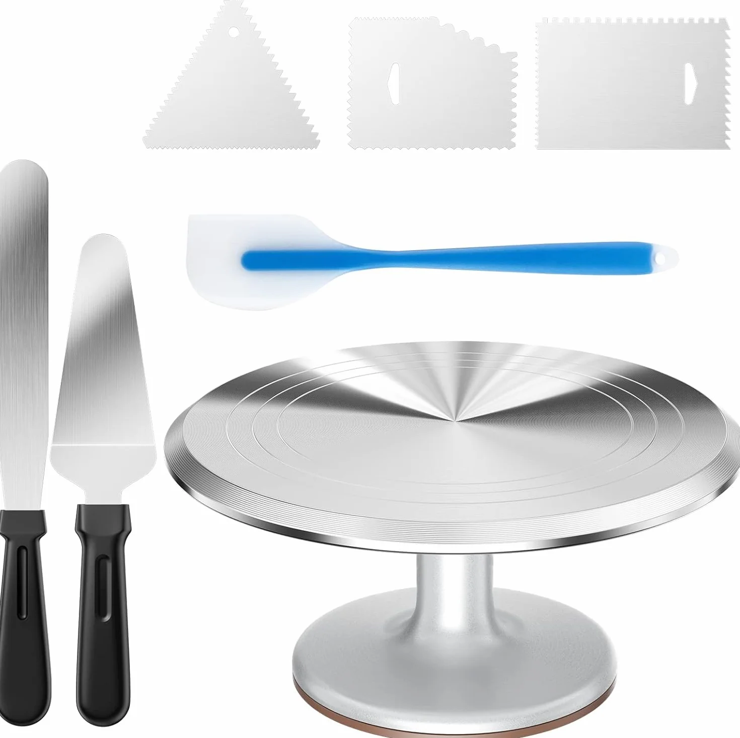 Relota 12'' piatto girevole per torte in Alluminio,kit pasticceria professionale con 2 Spatole per Glassare,3 Spatola Liscia,Supporto Rotante per Torte per Decorazione Pasticceria,Cupcake,argento