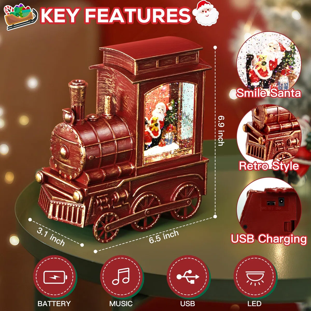 IPOW Lanterna di Babbo Natale a forma di treno con glitter vorticosi d'acqua, musicale e illuminato, timer di 6 ore, alimentato tramite USB e funzionamento a batteria, per Natale, decorazione per la