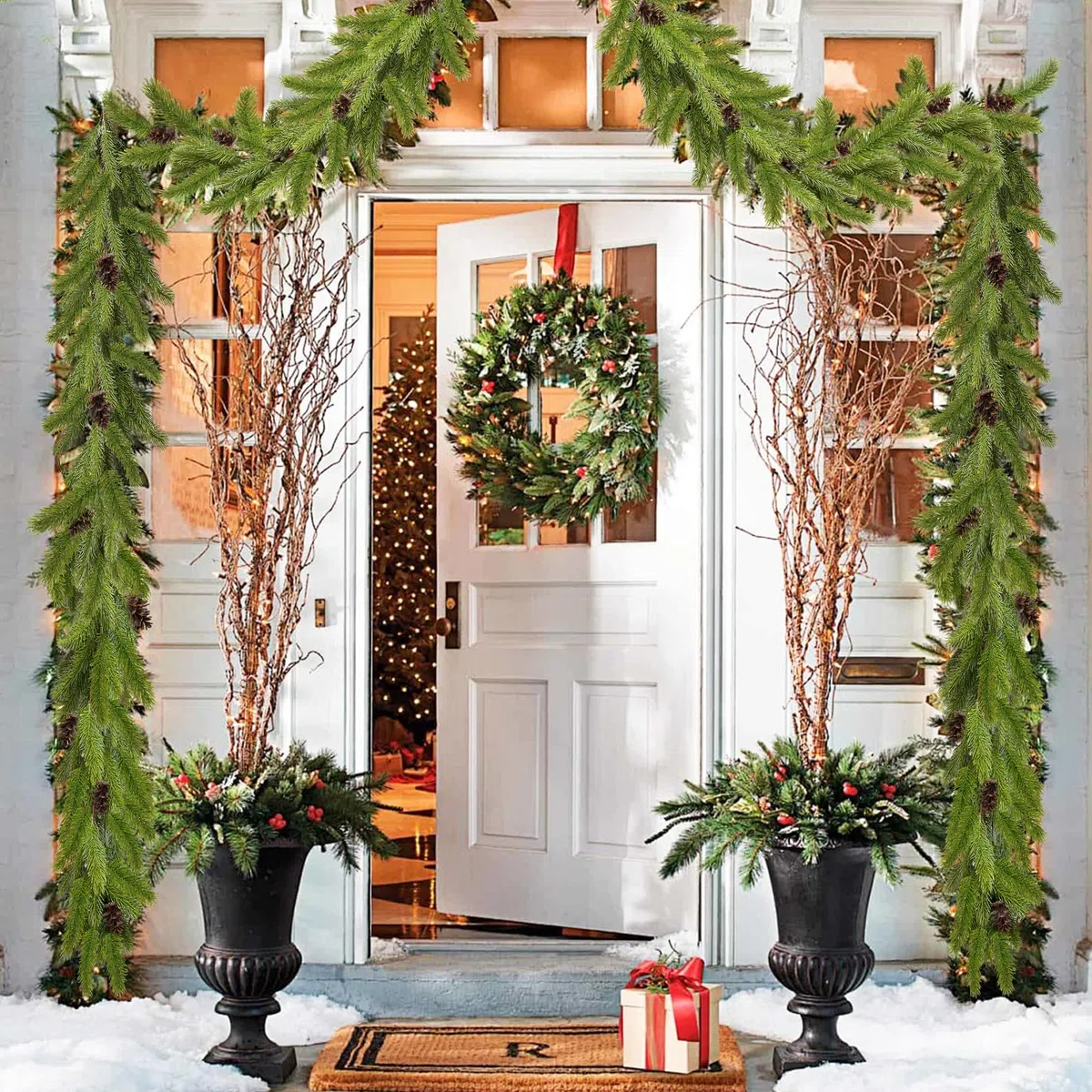 ROLLWAY Ghirlanda Natalizia Verde Lunga 185cm, Rami di Pino Artificiale Ghirlande Natale per Esterno e Interno Festone Natalizio Verde Ghirlande di Abete Natalizie Decorazioni per Porta Scale Camino