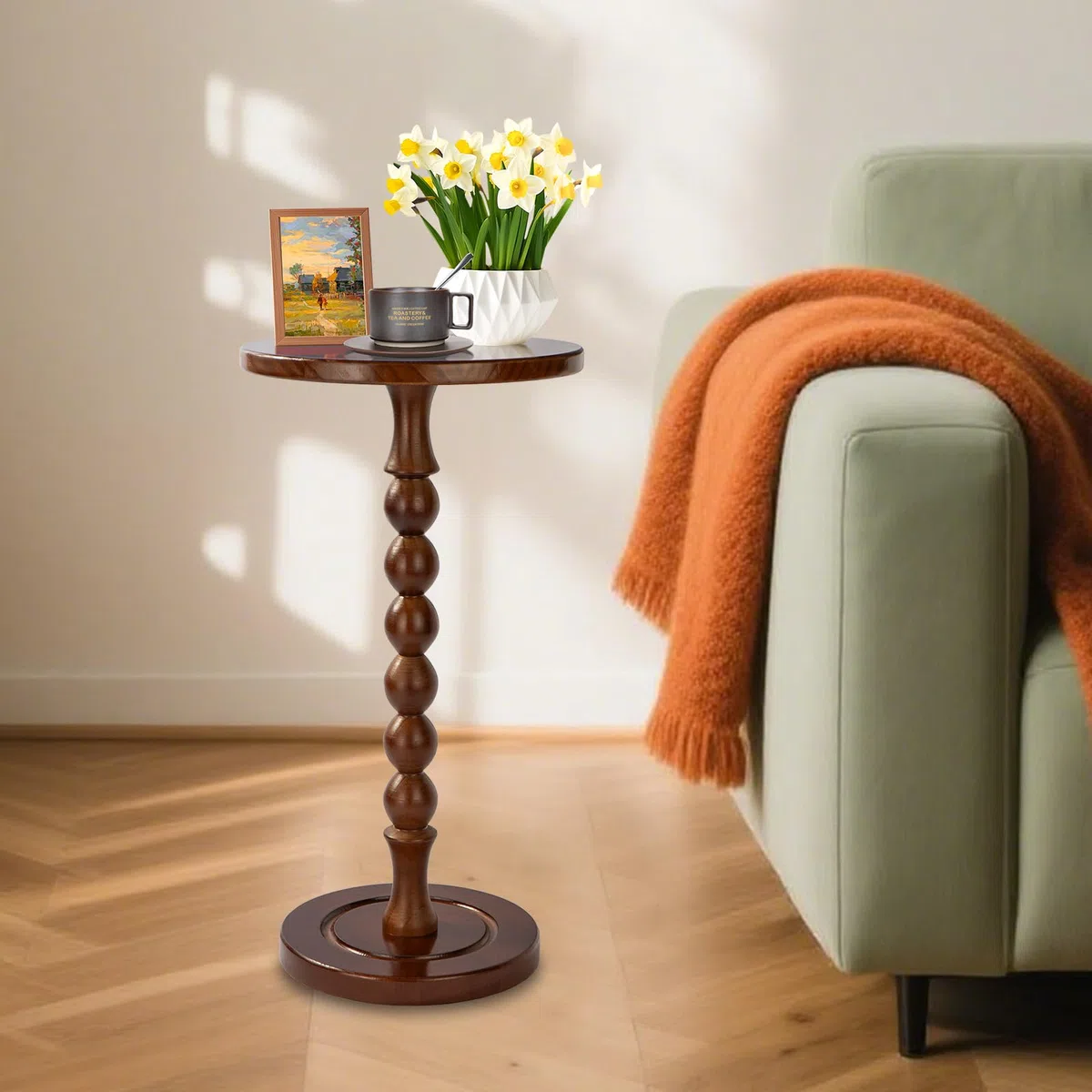 Tavolino rotondo per piccoli spazi, tavolino con piedistallo in legno di quercia, comodino moderno per soggiorno, camera da letto, ufficio e angoli, montaggio senza attrezzi, marrone