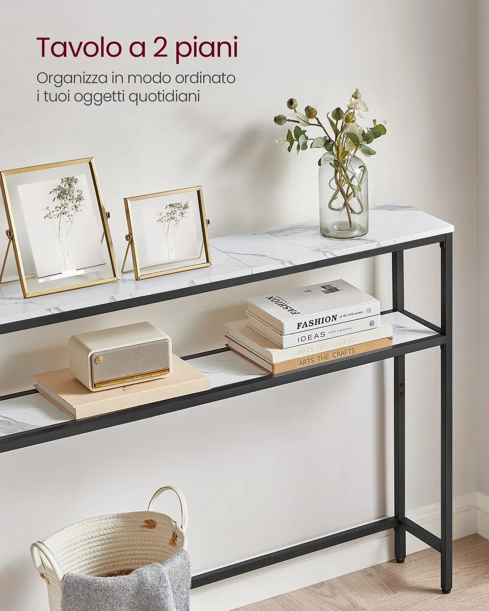 VASAGLE Tavolo Consolle, Tavolo Stretto a 2 Ripiani Portaoggetti, 20 x 80 x 80 cm, per Soggiorno, Corridoio, Ingresso, Bianco Marmo e Nero Inchiostro LNT130W59