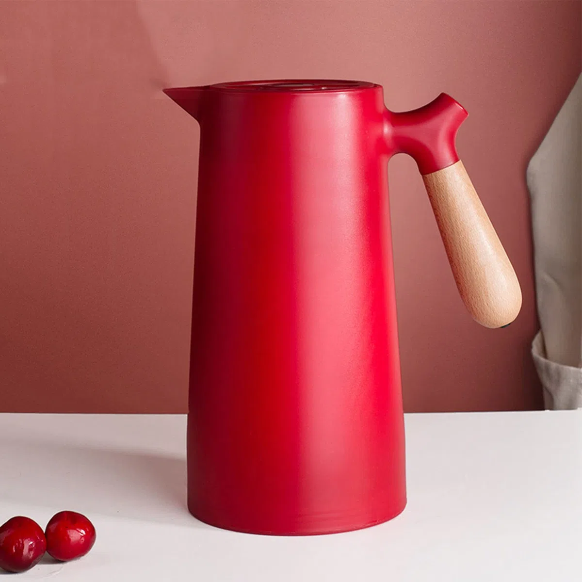 Caraffa Termica per Caffè da 1 Litro, Teiera per Caffè Sottovuoto a Doppia Parete con Rivestimento in Vetro per Caffè Isolato con Manico in Legno, Mantiene Caldo Freddo(Rosso)
