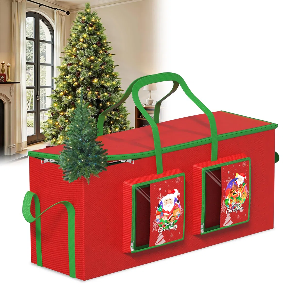 275CM Borsa di Stoccaggio dell'albero di Natale Impermeabile 600D,Adatta al Massimo 9FT Albero di Natale Smontato,Due Tasche Grandi Decorazione Natale,Maniglie e Cerniera Rinforzate Durevoli