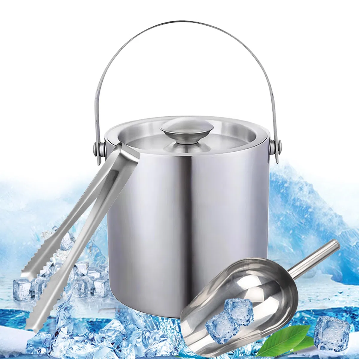 Secchiello Ghiaccio Acciaio Inox 3L, Secchiello per Ghiaccio con Pinze Ghiaccio + Paletta Ghiaccio, Secchiello Ghiaccio Champagne in Acciaio Inox a Doppio Strato, Ideale per Famiglie e Bar
