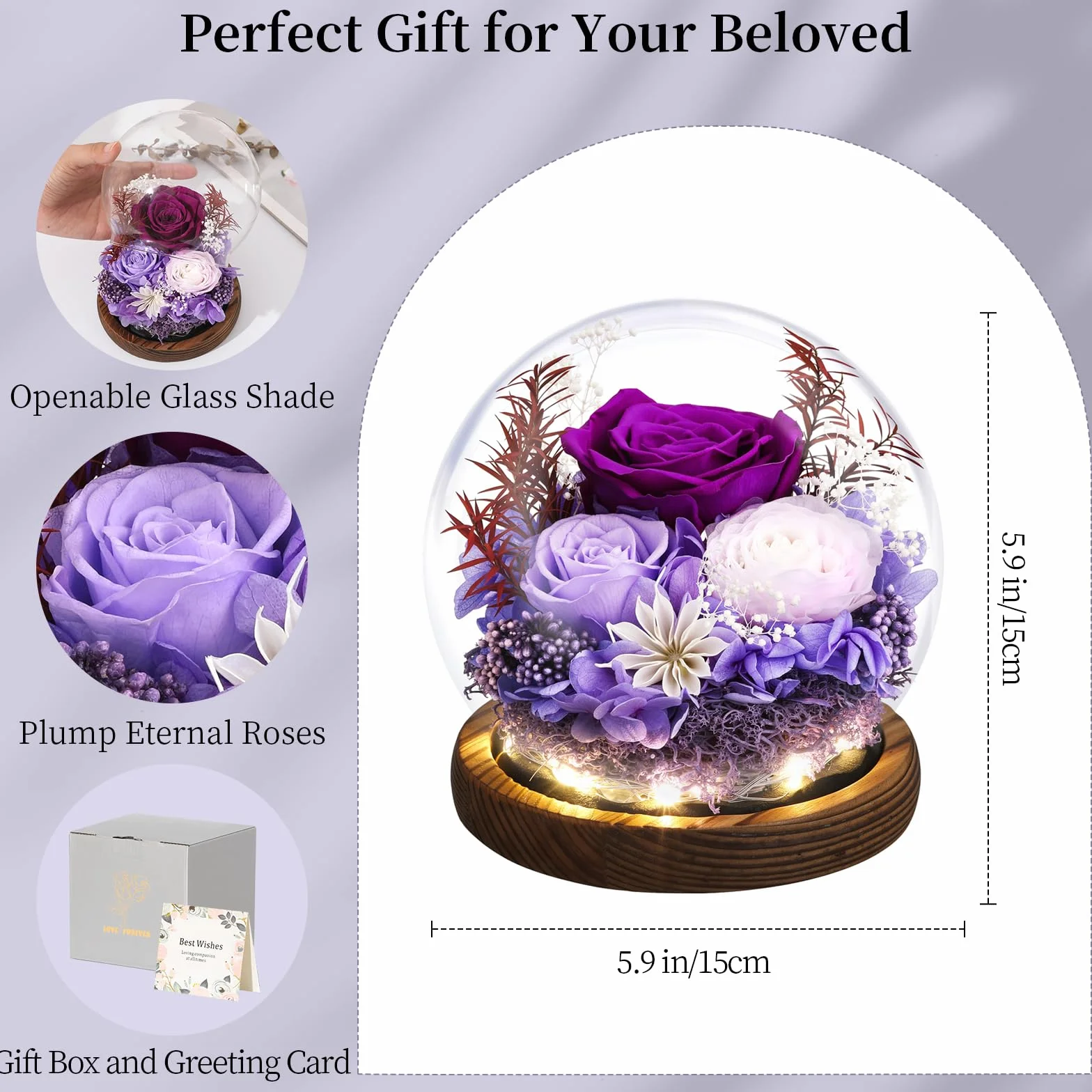 Emibele Regalo Rosa Eterna per la Festa della Mamma, Rosa Reale Conservata in Cupola di Vetro con LED, Fiori per Consegna, Regalo per Donna, Moglie, Compleanno, Anniversario, Viola