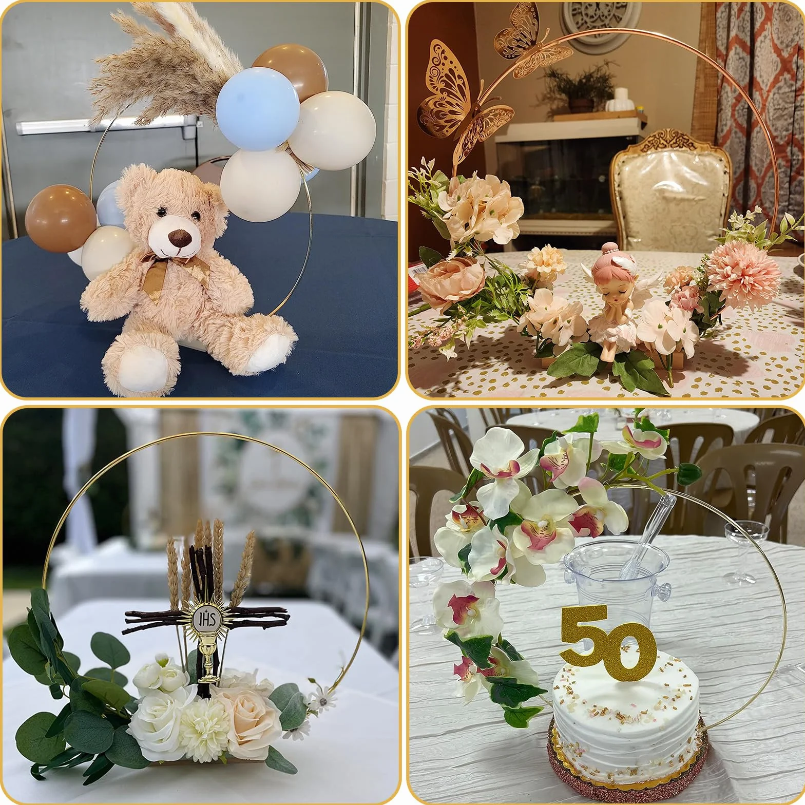 YALLOVE 10 Pezzi 30cm Anello in Metallo per Artigianato, Oro Anello per Ghirlanda con Base in Acrilico per Matrimoni Centrotavola Floreale Fai Da Te Acchiappasogni Decorazioni