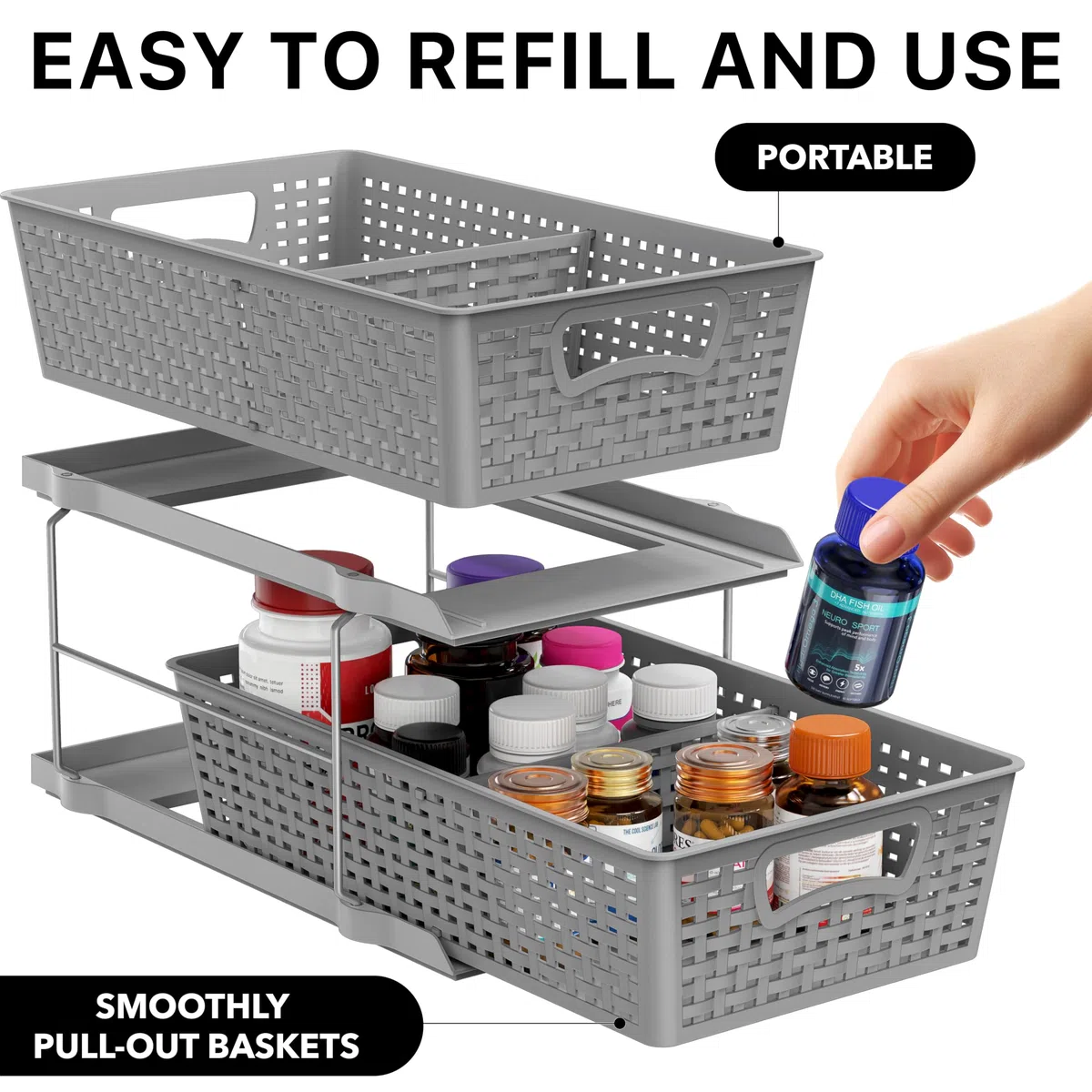 Simple Houseware Vassoio Organizer da Bagno a 2 Livelli, con cassetto Scorrevole Estraibile/sottolavabo, Grigio