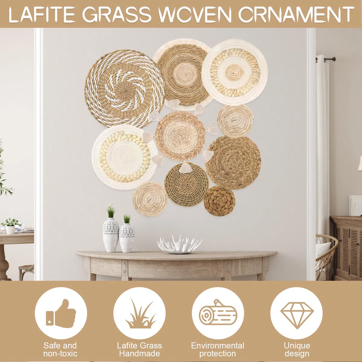 Decorazioni per Paniere da Parete Boho Set di Paniere da Parete Intrecciati Arte Rustica da Pareti Intrecciata a Mano Decorazione per Pareti in Macramè per Decorazione del Salotto (10 PCS)