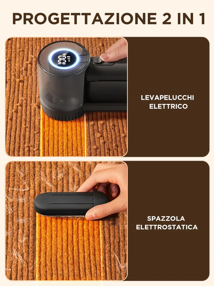 Levapelucchi Elettrico, 2 in 1 Togli Pelucchi Elettrico con Spazzola Anti Pelucchi, 2000 mAh Batteria Ricaricabile Integrata, 2 Lame Sostituibili, 3 Velocità Regolabili, Display LED, Cavo USB-C