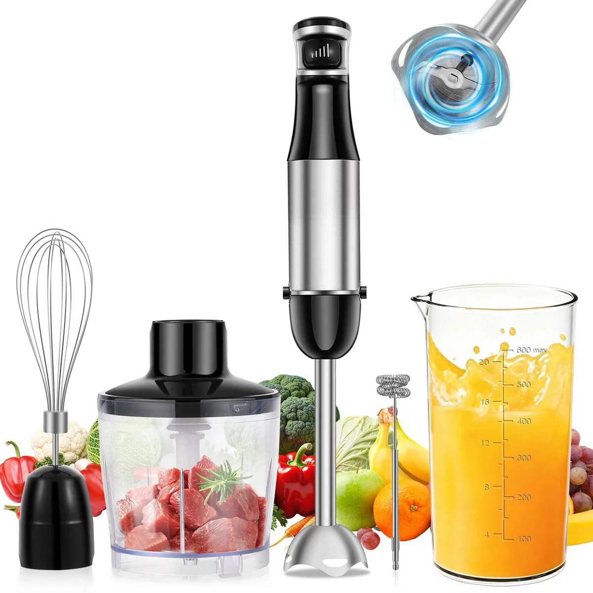 1000 W Frullatore a Immersione, 5 in 1 Frullatore Tritatutto Multifunzionale Con Velocità Regolabile, Include Frusta, Montalatte, Tritatutto da 500 ml e Misurino da 600 ml