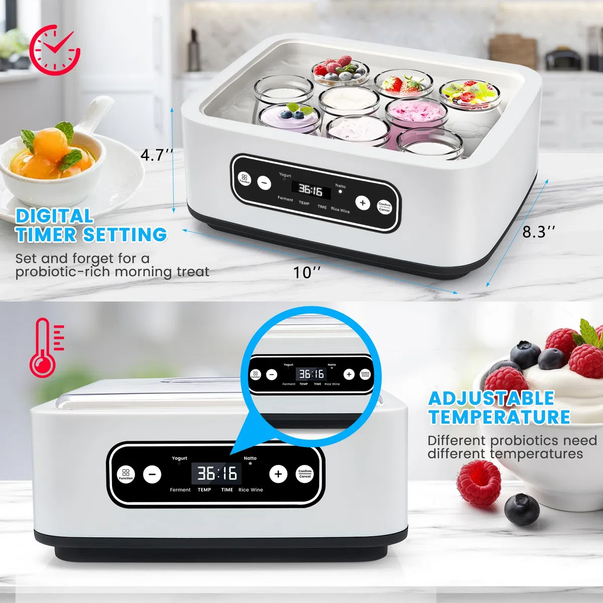 Yogurtiera Elettrica con LCD Display, con 9 Vasetti da 100 ml Ciascuno, Può produrre 1,6 litri di yogurt,Temperatura Regolabile 20-55°C, Arresto Automatico e Coperchio con Display