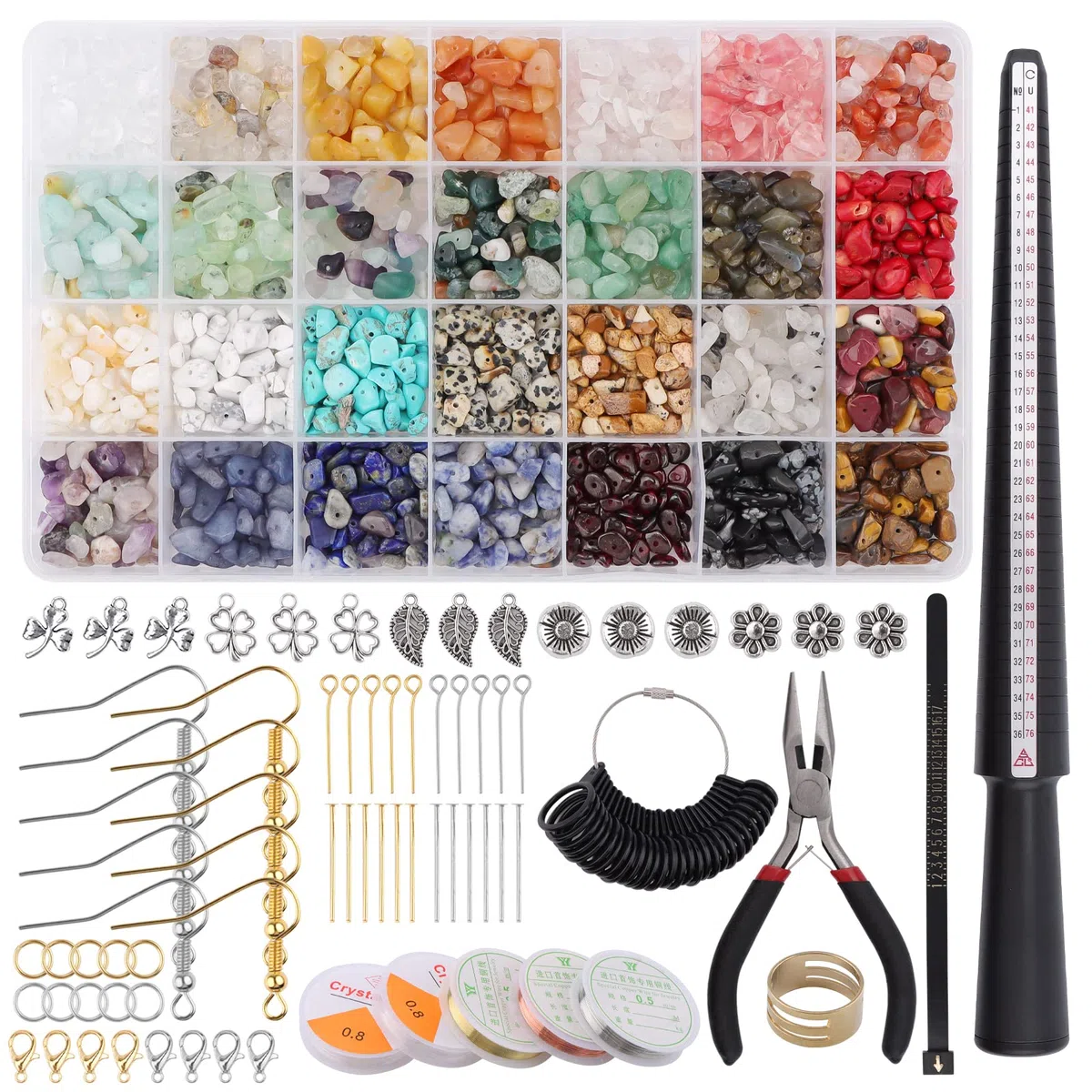 Kalolary Set di 1700 gioielli con perline di cristallo, 28 colori, kit per la creazione di anelli di cristallo naturale con filo di ciondolo, pinze, moschettoni per collane,