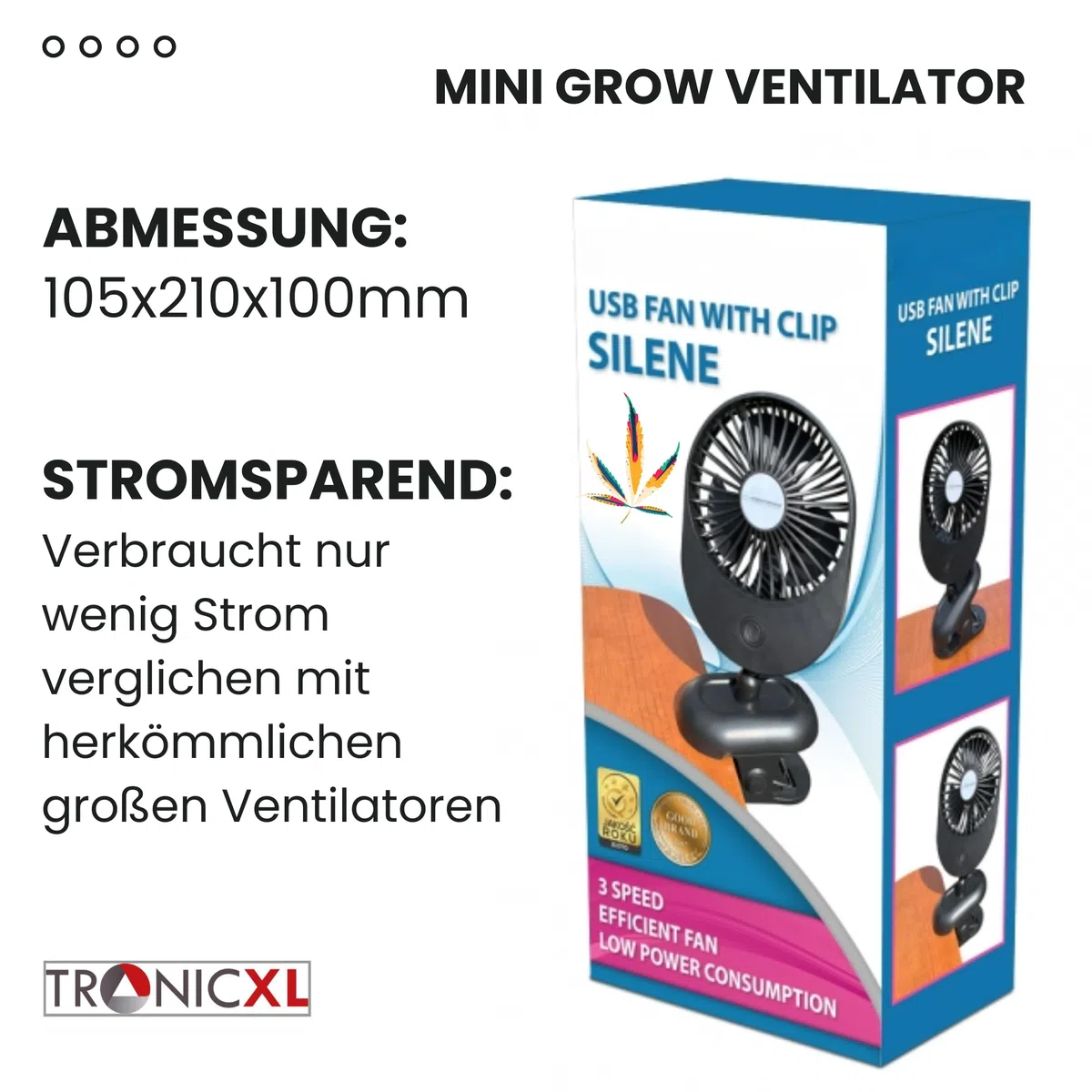 TronicXL Ventilatore USB Grow con clip morsetto a morsetto, ventilatore a clip per Homebox Growbox GrowBox Secret Jardin GrowPro DiamondBox Zelsius Mars Hydro ecc.