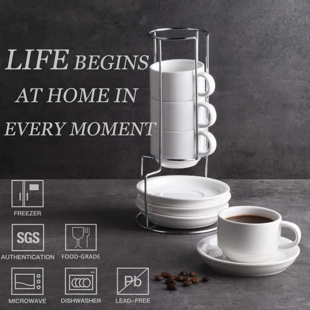 Sweejar Home Set di tazze da cappuccino in porcellana con piattini e supporto in metallo, tazze da espresso impilabili per bevande da caffè speciali, latte, Americano, tè con set di 4 (bianco, 120ml)
