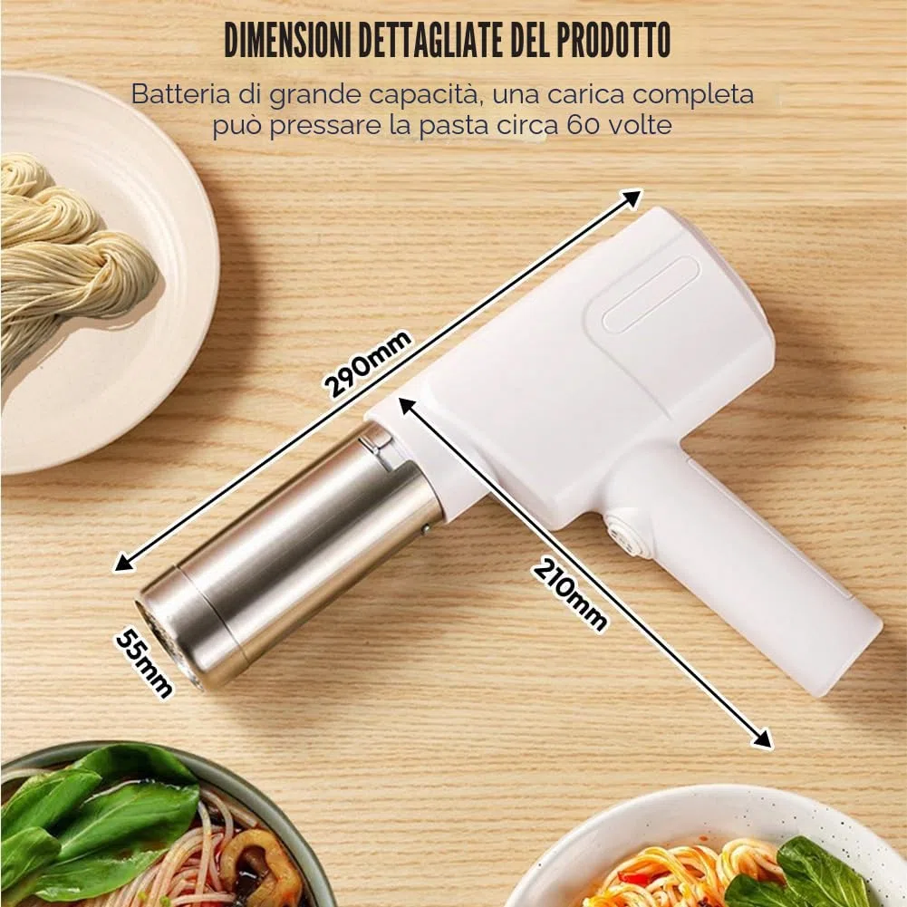 Macchina per pasta elettrica palmare, macchina ricaricabile automatica 2000mAh, 5 stampi per pasta fatta in casa, spaghetti/maccheroni